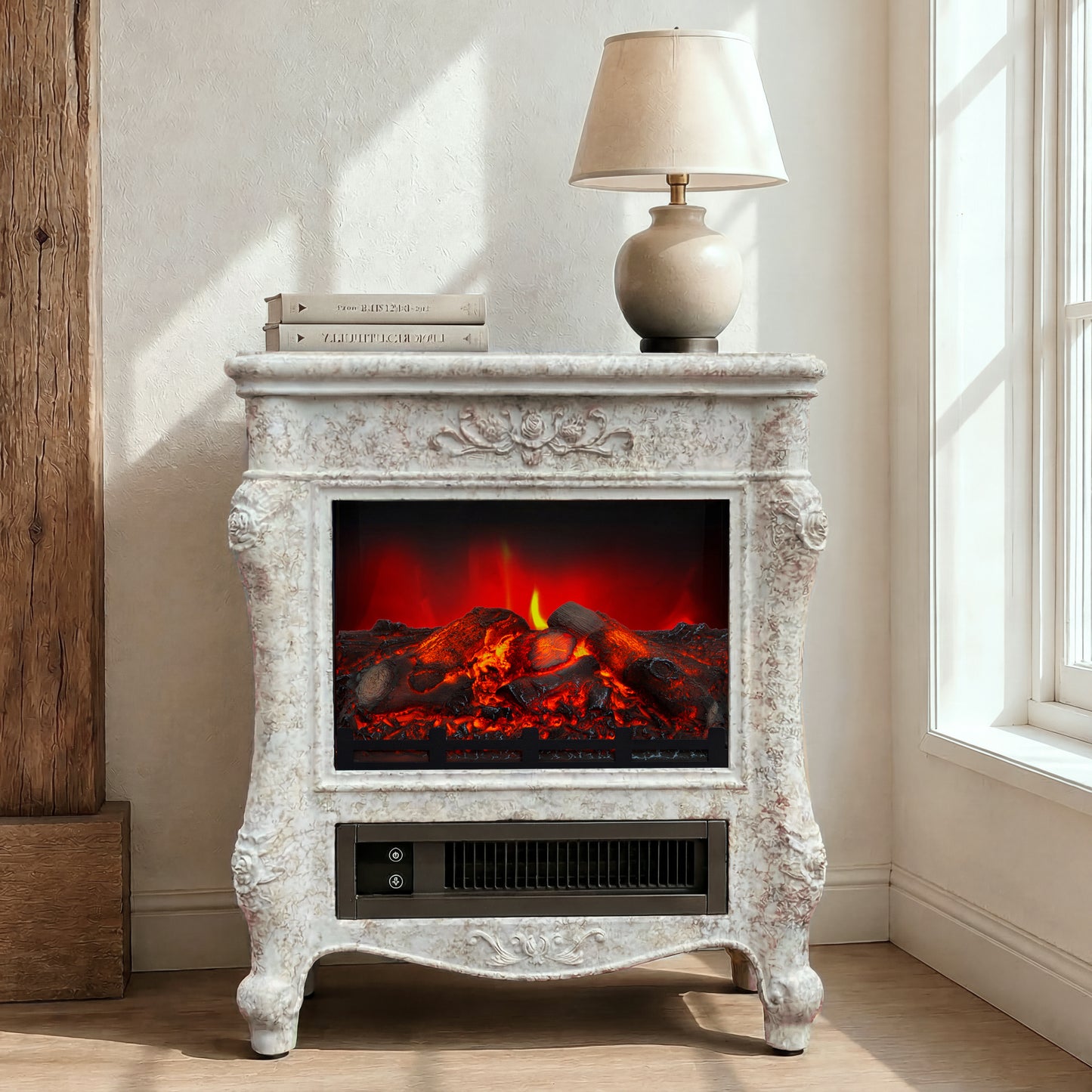 FESTIVO  FFP25175 18.9" GRC Electric Stove Heater with Faux Log-White Marble