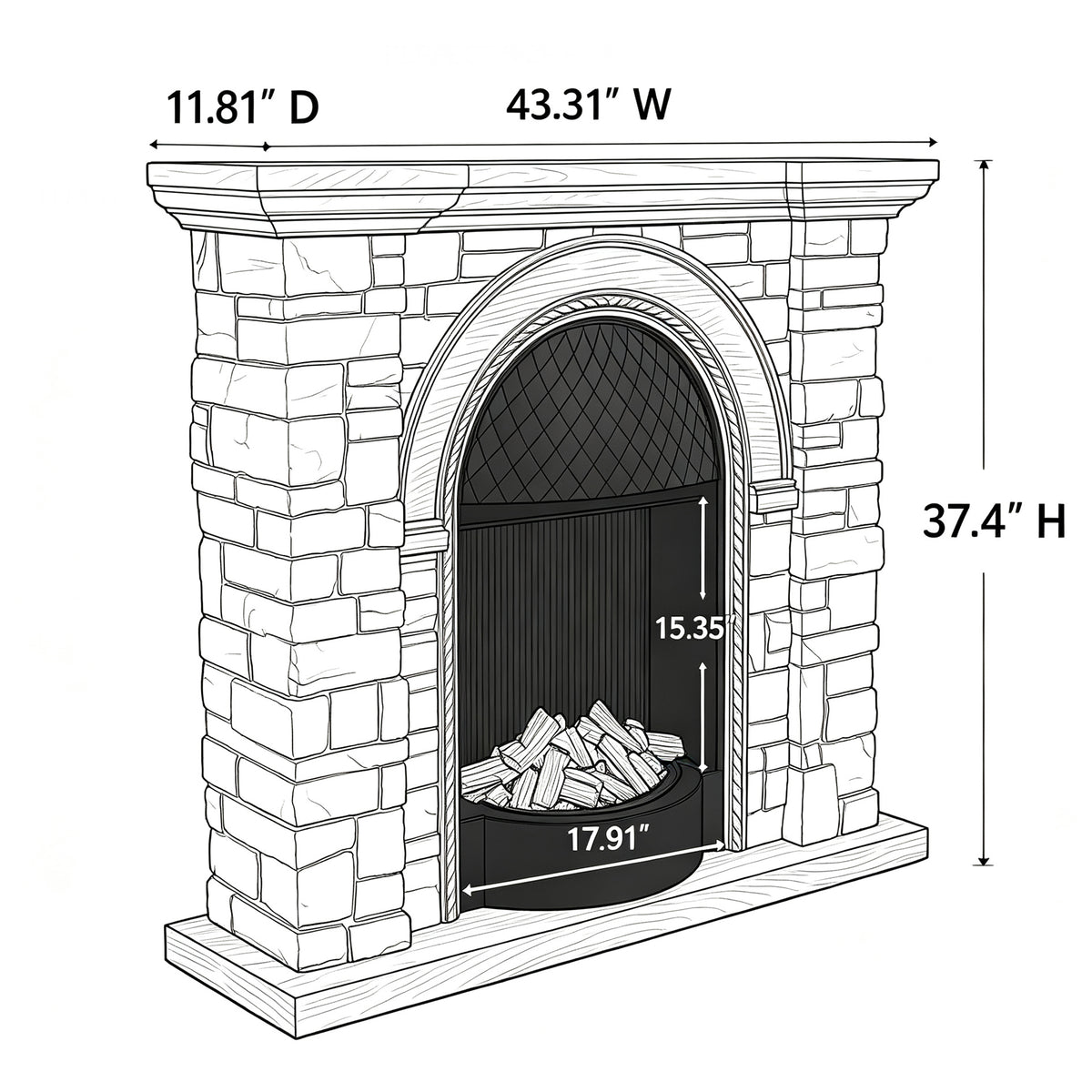 Festivo FFP26081 43.31" Stone Brick-Look MGO Electric Fireplace Mantel with 20" Arched Insert, Realistic Log & Flame Effect, Remote Control & Timer, Tan/Honey Oak