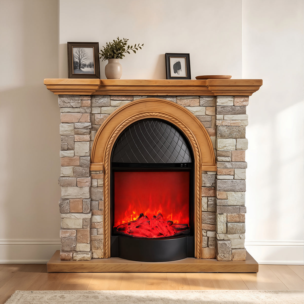 Festivo FFP26081 43.31" Stone Brick-Look MGO Electric Fireplace Mantel with 20" Arched Insert, Realistic Log & Flame Effect, Remote Control & Timer, Tan/Honey Oak