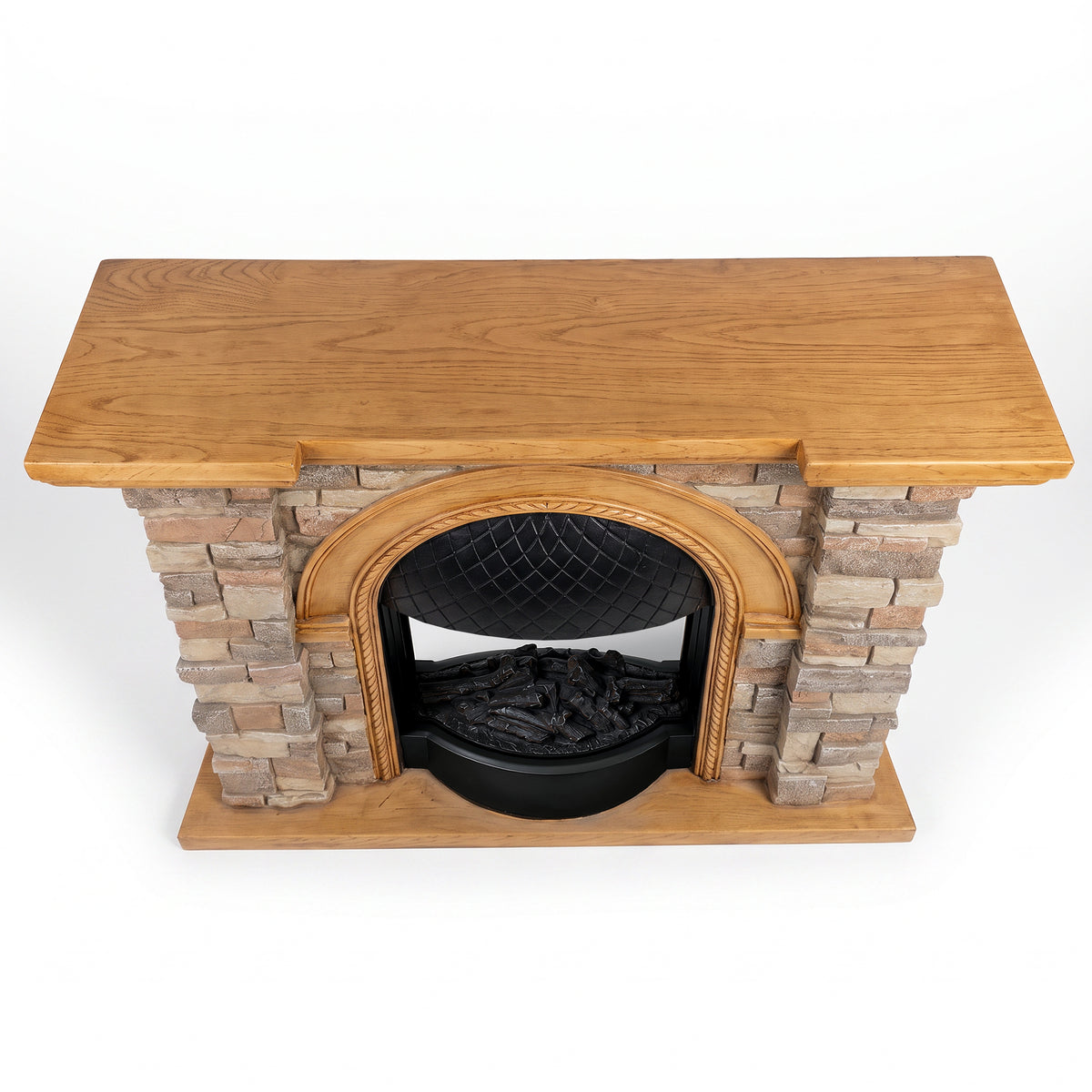 Festivo FFP26081 43.31" Stone Brick-Look MGO Electric Fireplace Mantel with 20" Arched Insert, Realistic Log & Flame Effect, Remote Control & Timer, Tan/Honey Oak