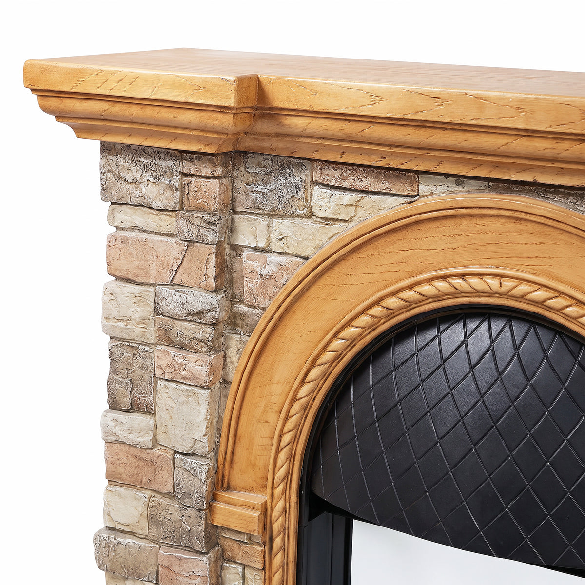 Festivo FFP26081 43.31" Stone Brick-Look MGO Electric Fireplace Mantel with 20" Arched Insert, Realistic Log & Flame Effect, Remote Control & Timer, Tan/Honey Oak