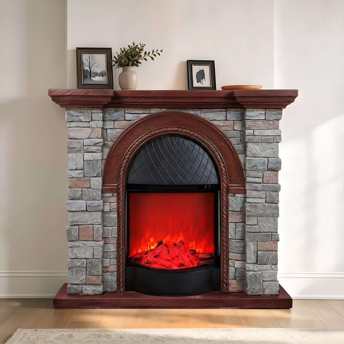 Festivo FFP26082 43.31" Stone Brick-Look MGO Electric Fireplace Mantel with 20" Arched Insert, Realistic Log & Flame Effect, Remote Control & Timer, Grey & Brown
