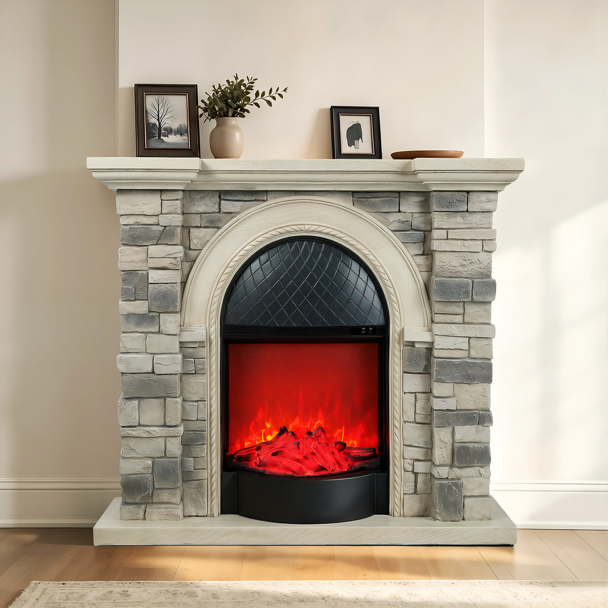 Festivo FFP26083 43.31" Stone Brick-Look MGO Electric Fireplace Mantel with 20" Arched Insert, Realistic Log & Flame Effect, Remote Control & Timer, Cream Beige