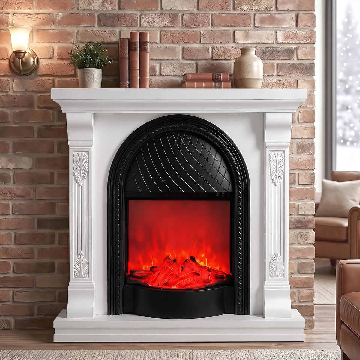 Festivo FFP26091 38.58" Stone Column MGO Electric Fireplace Mantel with 20" Black Arched Insert, Realistic Log & Flame Effect, Remote Control & Timer, White