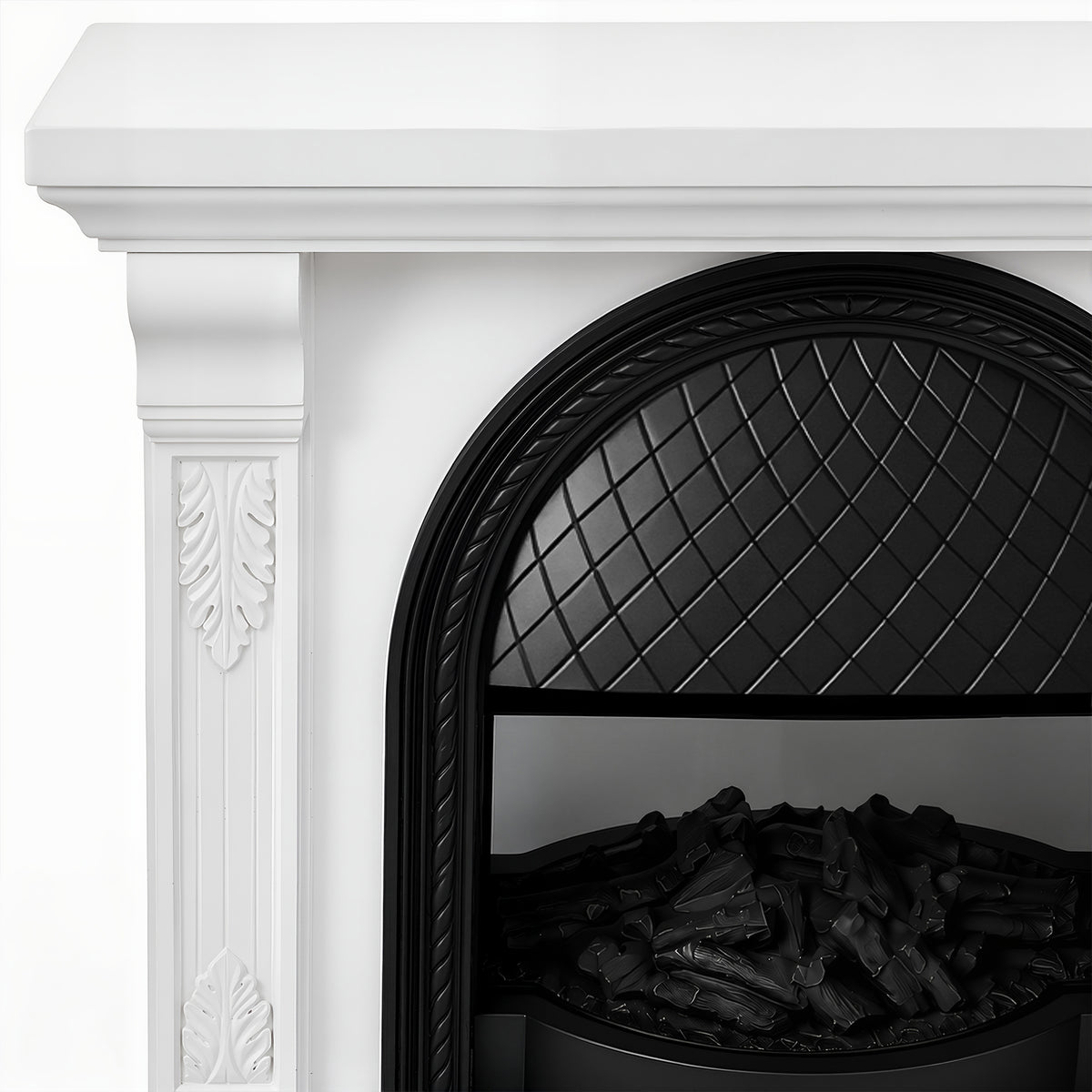Festivo FFP26091 38.58" Stone Column MGO Electric Fireplace Mantel with 20" Black Arched Insert, Realistic Log & Flame Effect, Remote Control & Timer, White