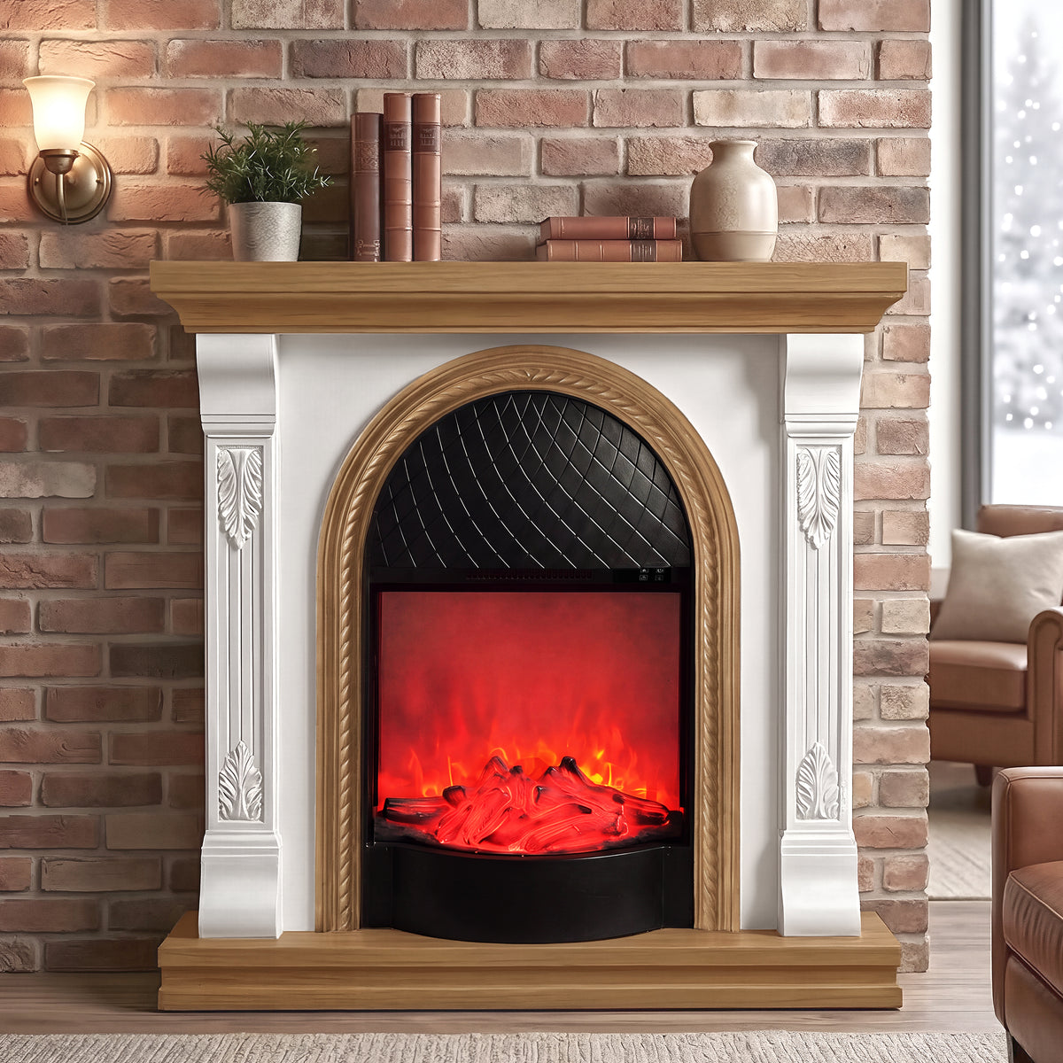 Festivo FFP26092 38.58" Stone Column MGO Electric Fireplace Mantel with 20" Black Arched Insert, Realistic Log & Flame Effect, Remote Control & Timer, White & Honey Oak