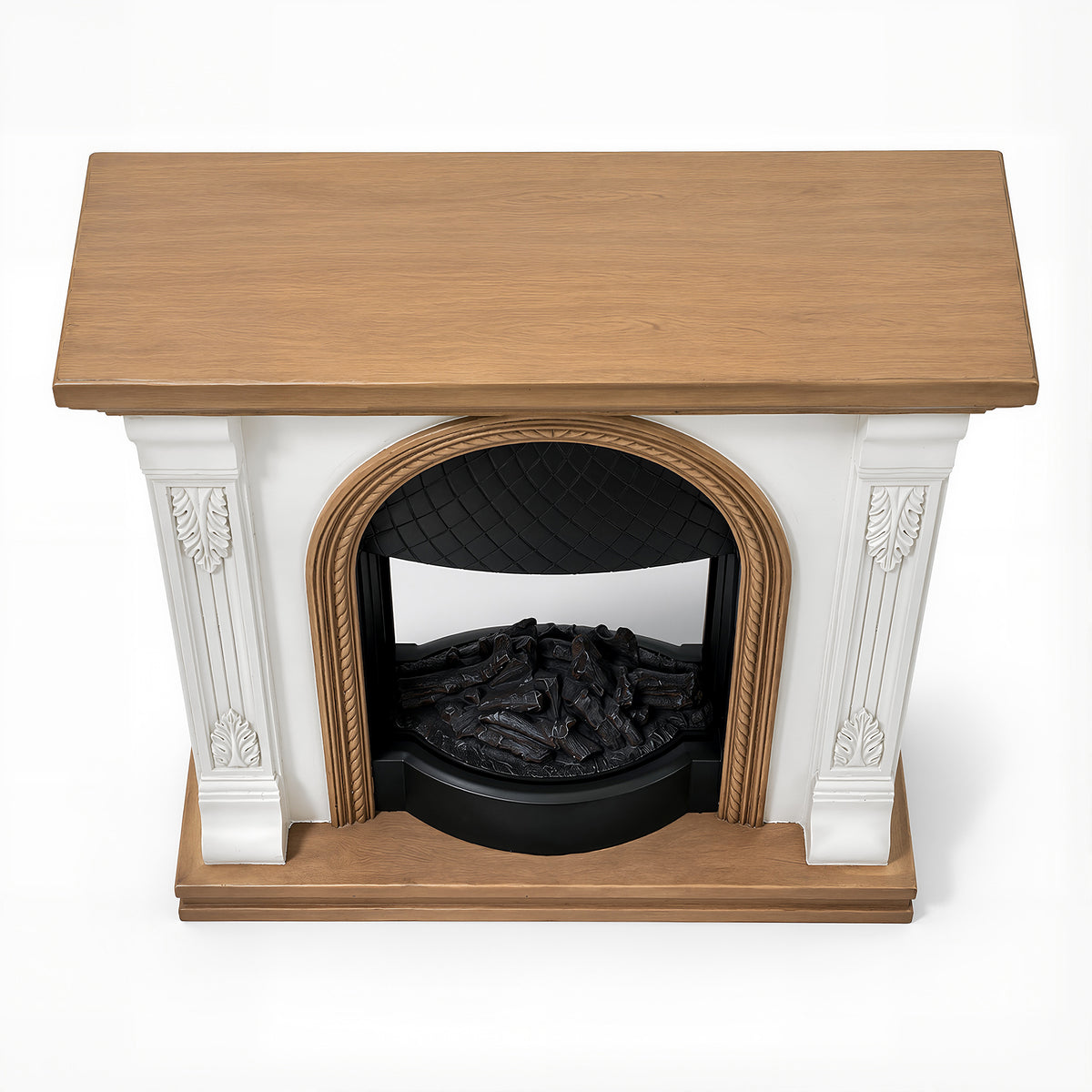 Festivo FFP26092 38.58" Stone Column MGO Electric Fireplace Mantel with 20" Black Arched Insert, Realistic Log & Flame Effect, Remote Control & Timer, White & Honey Oak