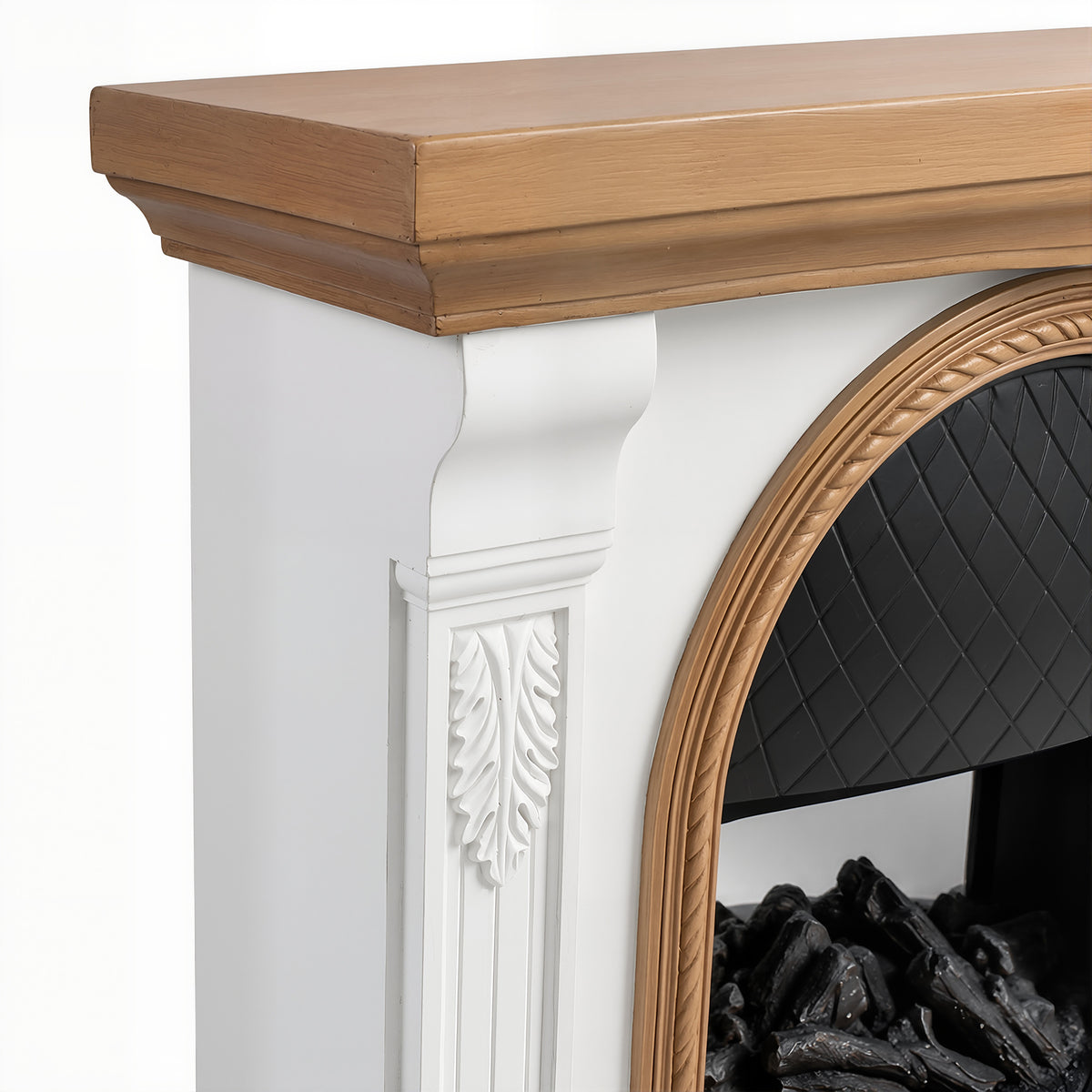 Festivo FFP26092 38.58" Stone Column MGO Electric Fireplace Mantel with 20" Black Arched Insert, Realistic Log & Flame Effect, Remote Control & Timer, White & Honey Oak