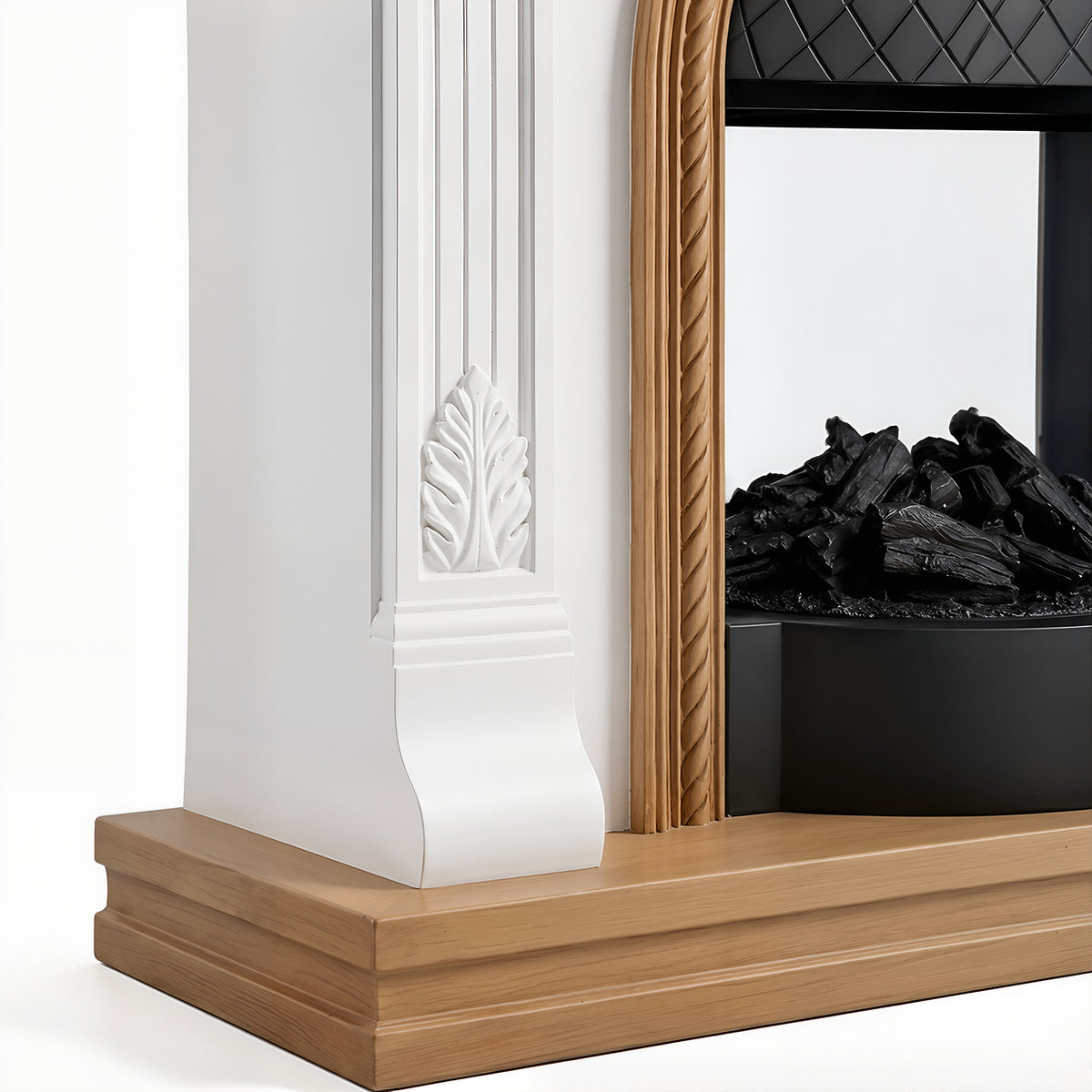 Festivo FFP26092 38.58" Stone Column MGO Electric Fireplace Mantel with 20" Black Arched Insert, Realistic Log & Flame Effect, Remote Control & Timer, White & Honey Oak
