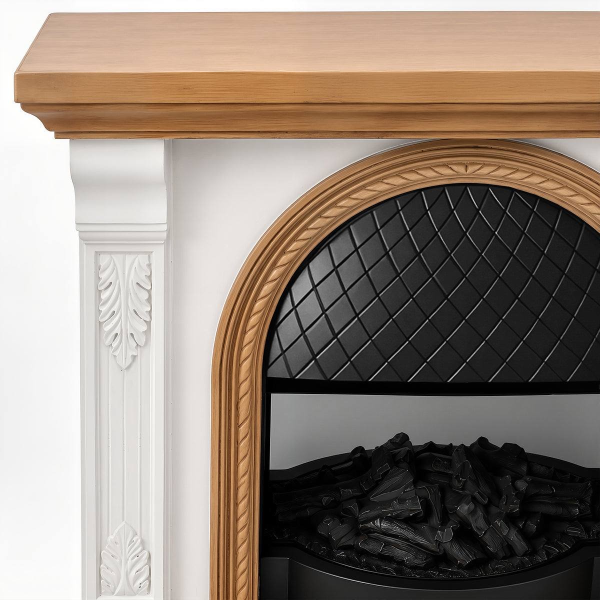 Festivo FFP26092 38.58" Stone Column MGO Electric Fireplace Mantel with 20" Black Arched Insert, Realistic Log & Flame Effect, Remote Control & Timer, White & Honey Oak