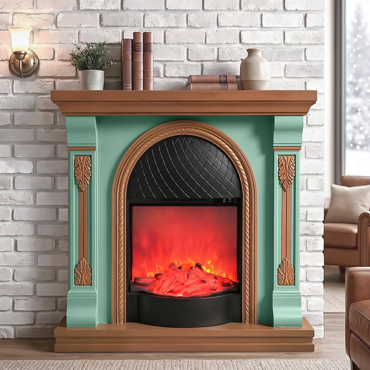 Festivo FFP26093 38.58" Stone Column MGO Electric Fireplace Mantel with 20" Black Arched Insert, Realistic Log & Flame Effect, Remote Control & Timer, Sage Green & Warm Oak
