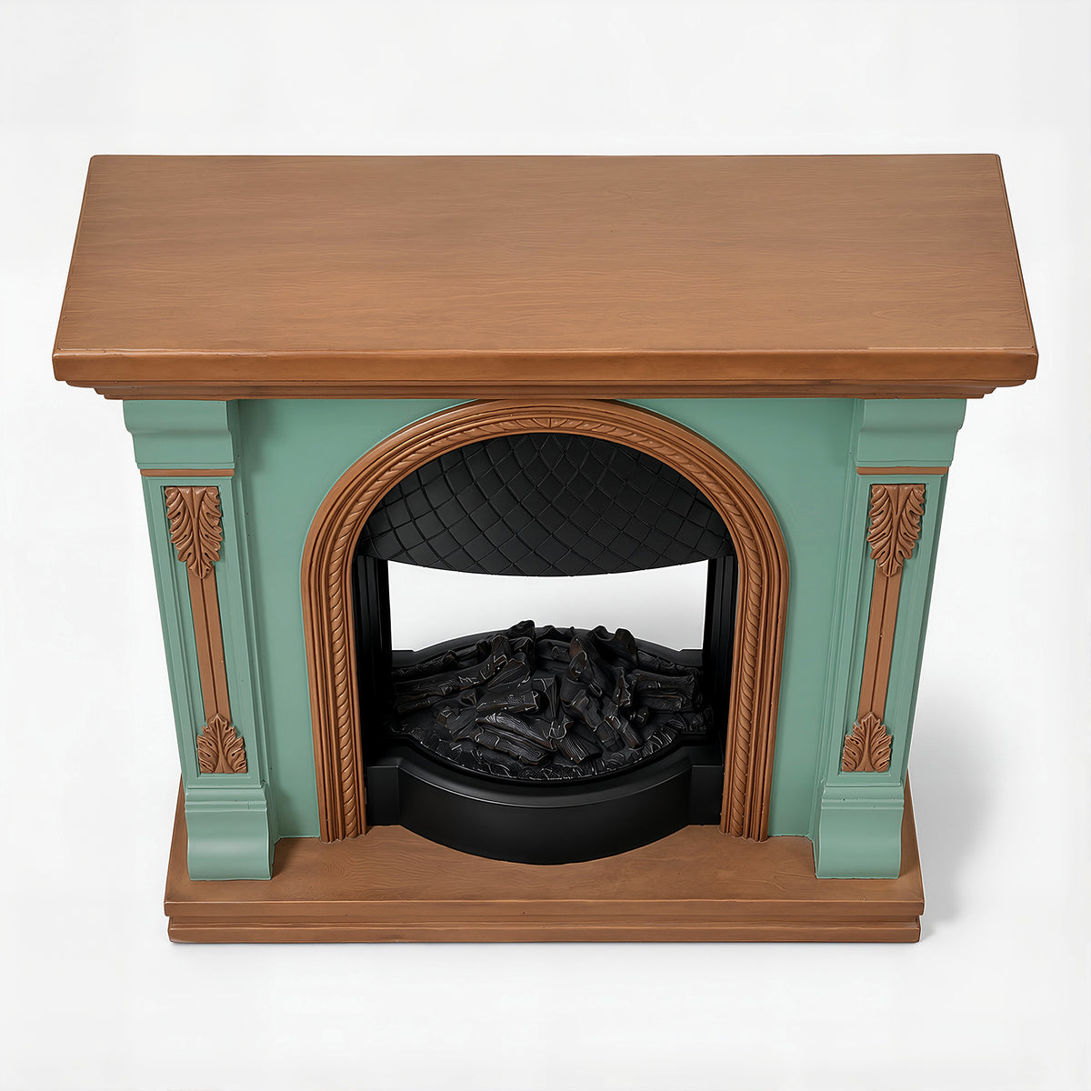 Festivo FFP26093 38.58" Stone Column MGO Electric Fireplace Mantel with 20" Black Arched Insert, Realistic Log & Flame Effect, Remote Control & Timer, Sage Green & Warm Oak