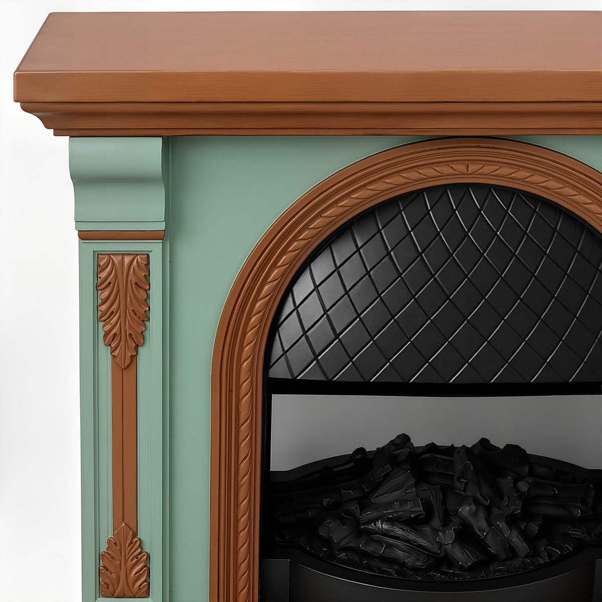 Festivo FFP26093 38.58" Stone Column MGO Electric Fireplace Mantel with 20" Black Arched Insert, Realistic Log & Flame Effect, Remote Control & Timer, Sage Green & Warm Oak