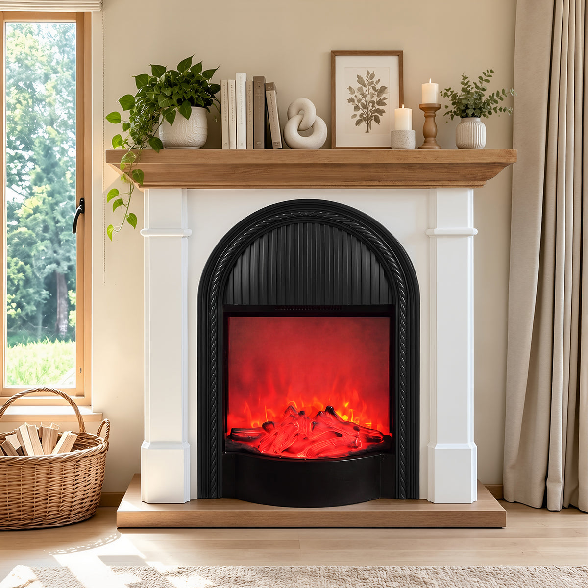 Festivo FFP26101 38.58" Stone Column MGO Electric Fireplace Mantel with 20" Black Arched Insert, Realistic Log & Flame Effect, Remote Control & Timer, White Oak