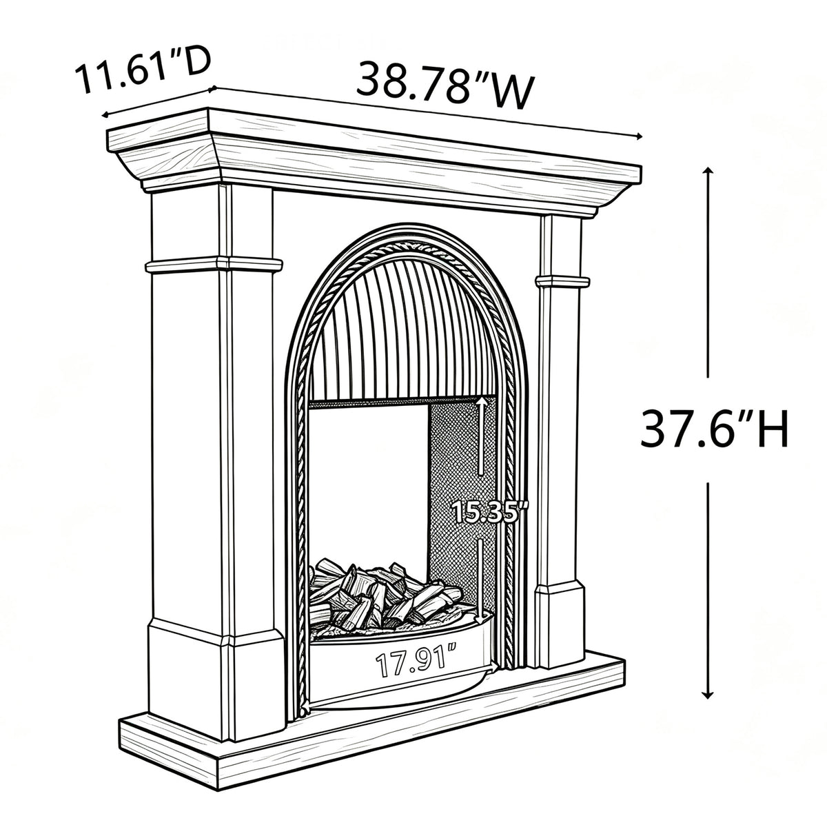 Festivo FFP26101 38.58" Stone Column MGO Electric Fireplace Mantel with 20" Black Arched Insert, Realistic Log & Flame Effect, Remote Control & Timer, White Oak