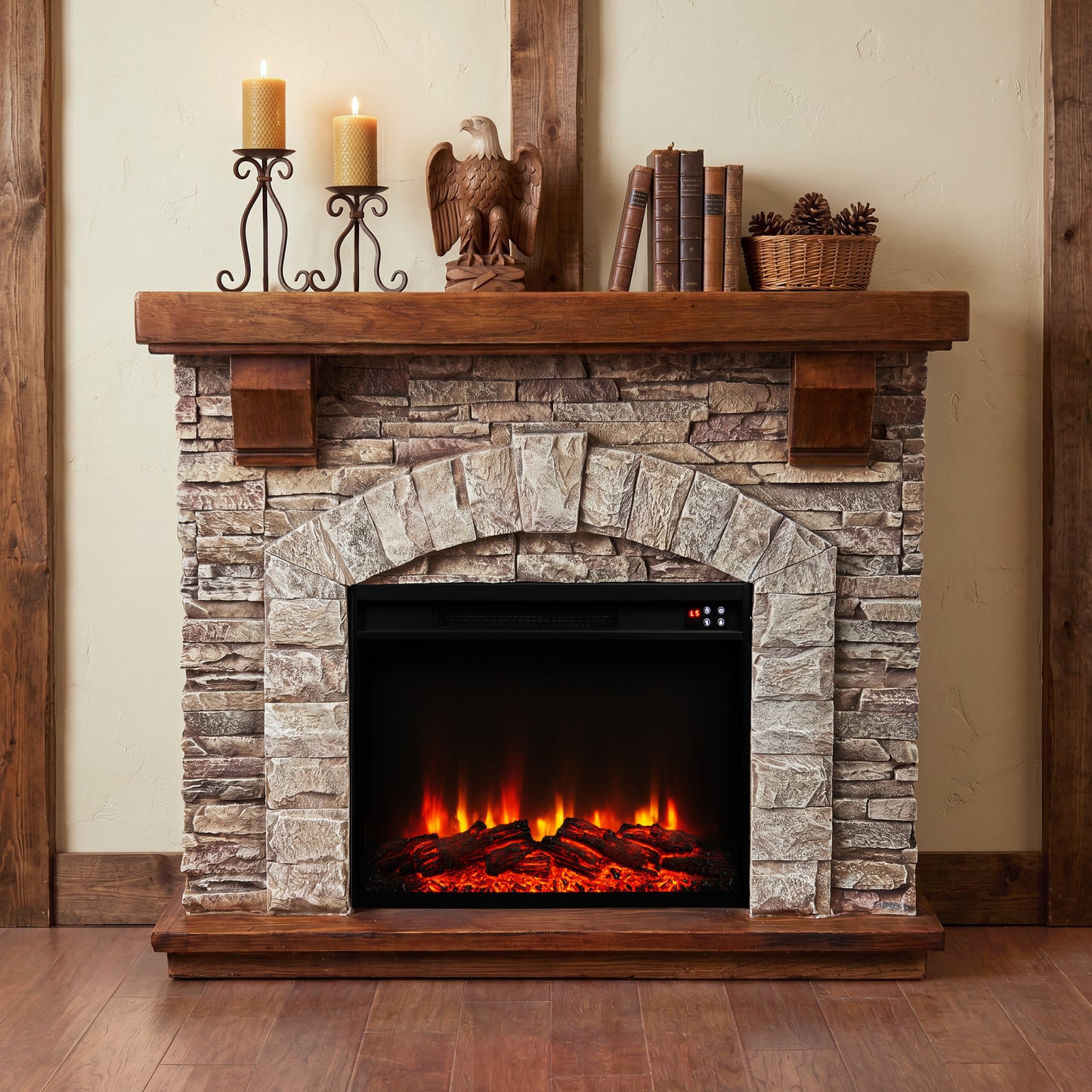Festivo FFP26122 45" Electric Fireplace Mantel with Faux Brick-Rustic Stone & Oak