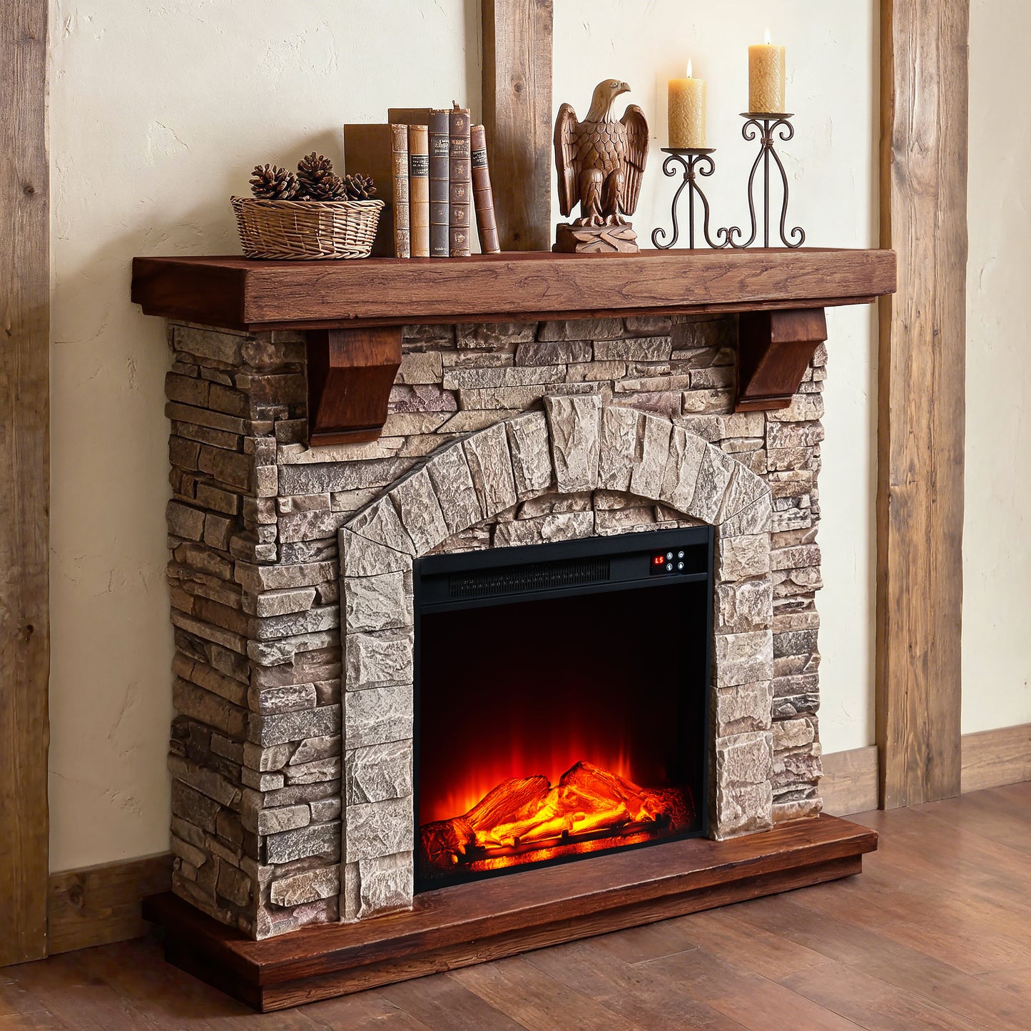 Festivo FFP26122 45" Electric Fireplace Mantel with Faux Brick-Rustic Stone & Oak