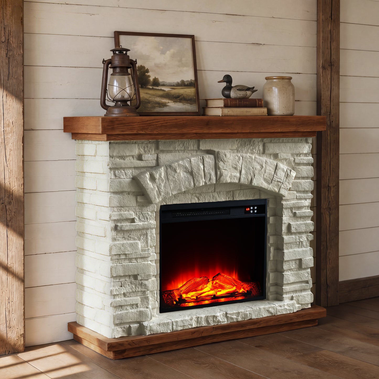 Festivo FFP26142 36" Electric Fireplace Mantel with Faux Brick-White Stone & Oak