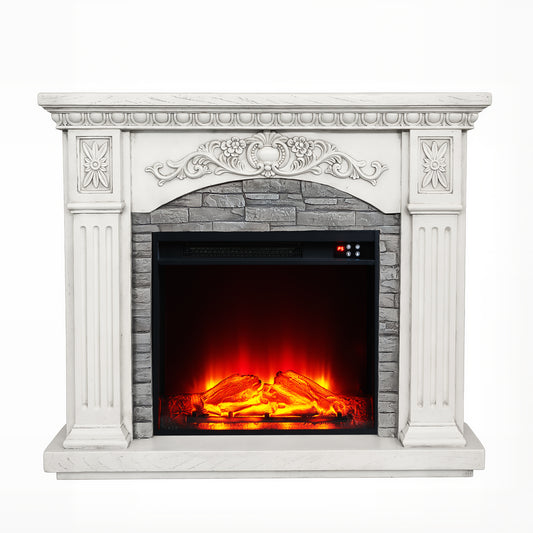 Festivo FFP26231 42.32" Vintage Carved-Look MGO Electric Fireplace Mantel with 23" Insert, Realistic Log & Flame Effect, Remote Control & Timer, Ivory