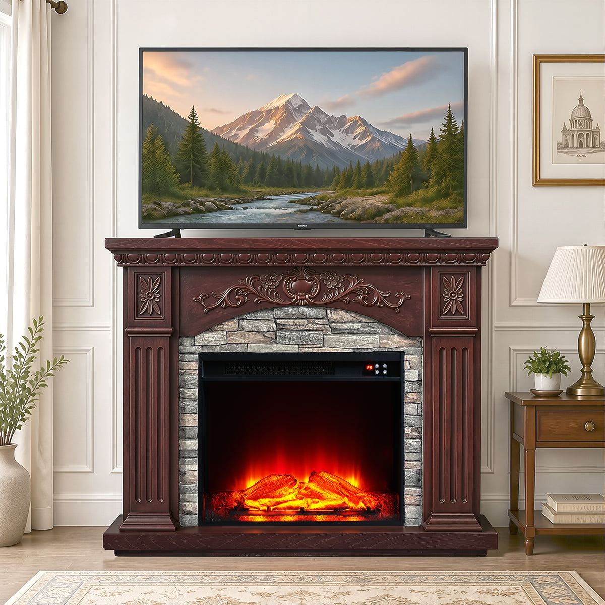 Festivo FFP26232 42.32" Vintage Carved-Look MGO Electric Fireplace Mantel with 23" Insert, Realistic Log & Flame Effect, Remote Control & Timer, Brown