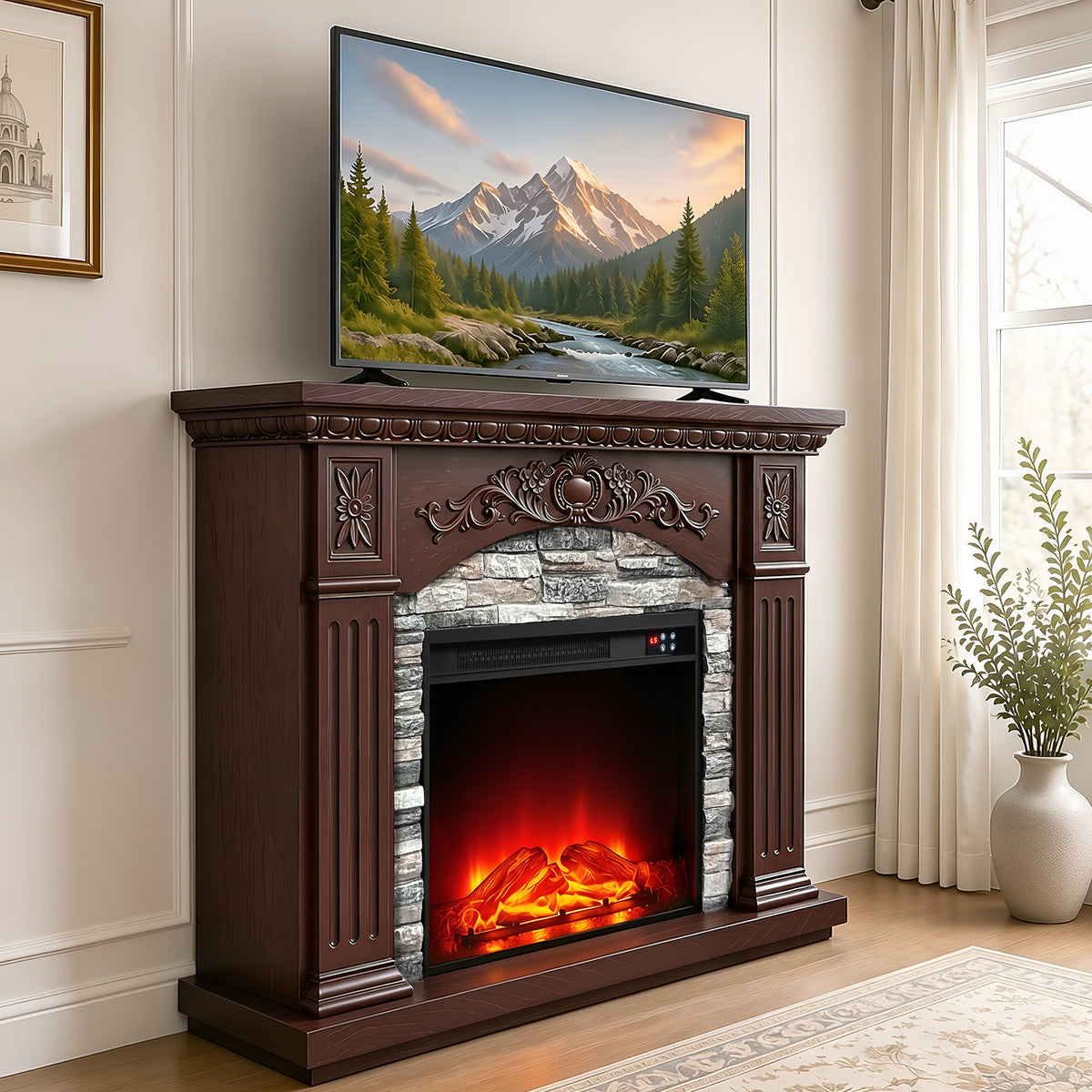 Festivo FFP26232 42.32" Vintage Carved-Look MGO Electric Fireplace Mantel with 23" Insert, Realistic Log & Flame Effect, Remote Control & Timer, Brown