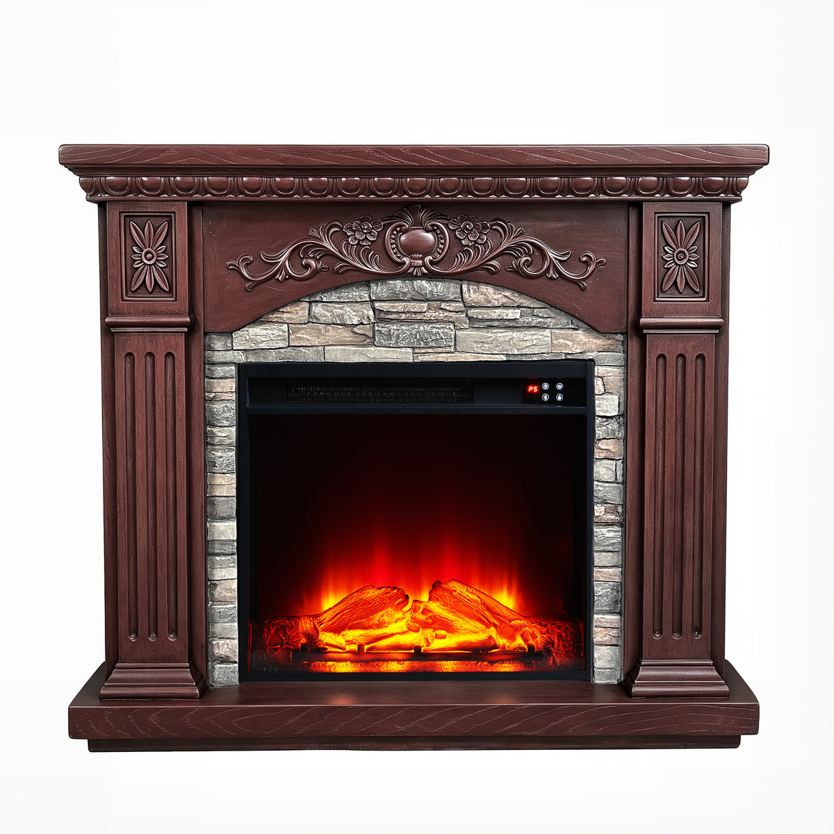 Festivo FFP26232 42.32" Vintage Carved-Look MGO Electric Fireplace Mantel with 23" Insert, Realistic Log & Flame Effect, Remote Control & Timer, Brown