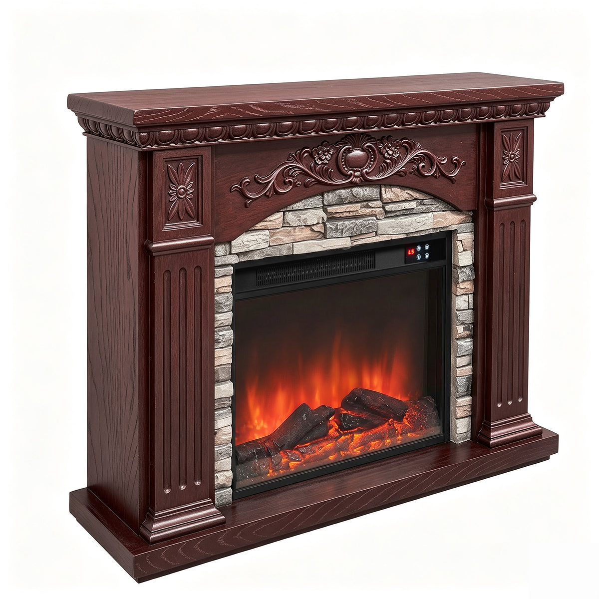 Festivo FFP26232 42.32" Vintage Carved-Look MGO Electric Fireplace Mantel with 23" Insert, Realistic Log & Flame Effect, Remote Control & Timer, Brown