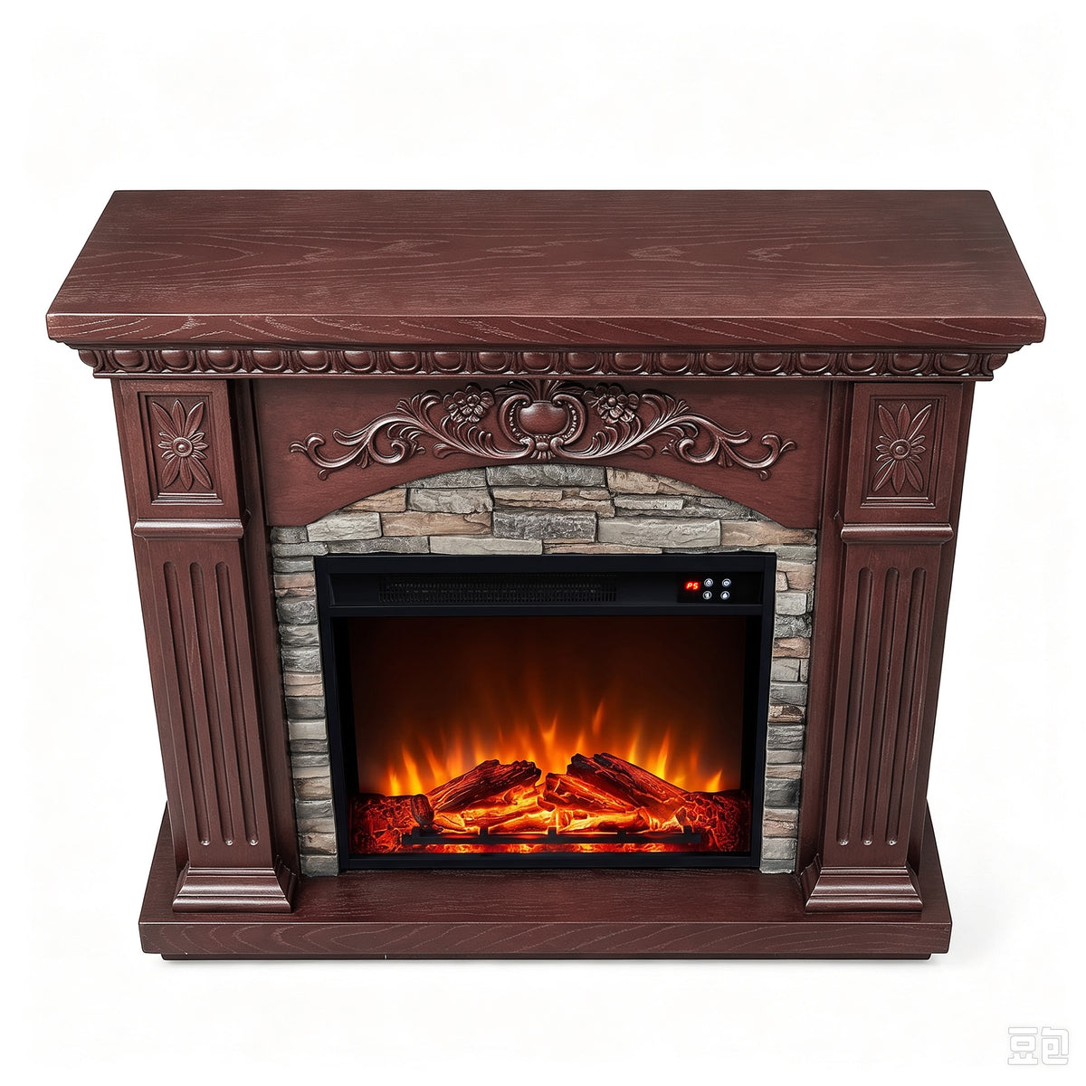 Festivo FFP26232 42.32" Vintage Carved-Look MGO Electric Fireplace Mantel with 23" Insert, Realistic Log & Flame Effect, Remote Control & Timer, Brown