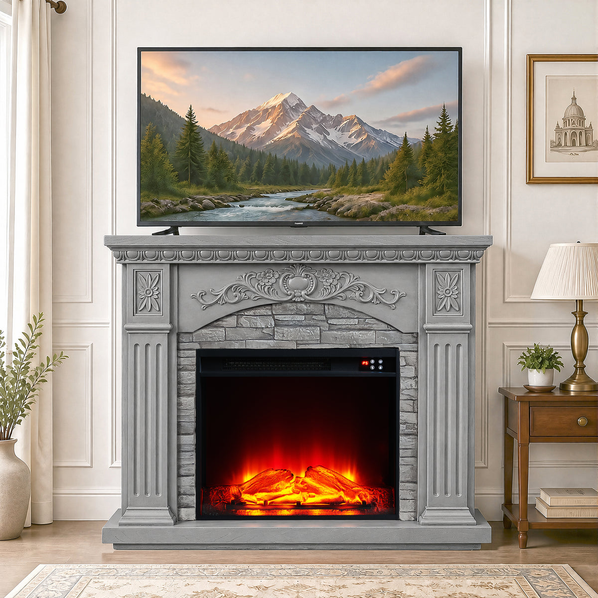 Festivo FFP26233 42.32" Vintage Carved-Look MGO Electric Fireplace Mantel with 23" Insert, Realistic Log & Flame Effect, Remote Control & Timer, Grey