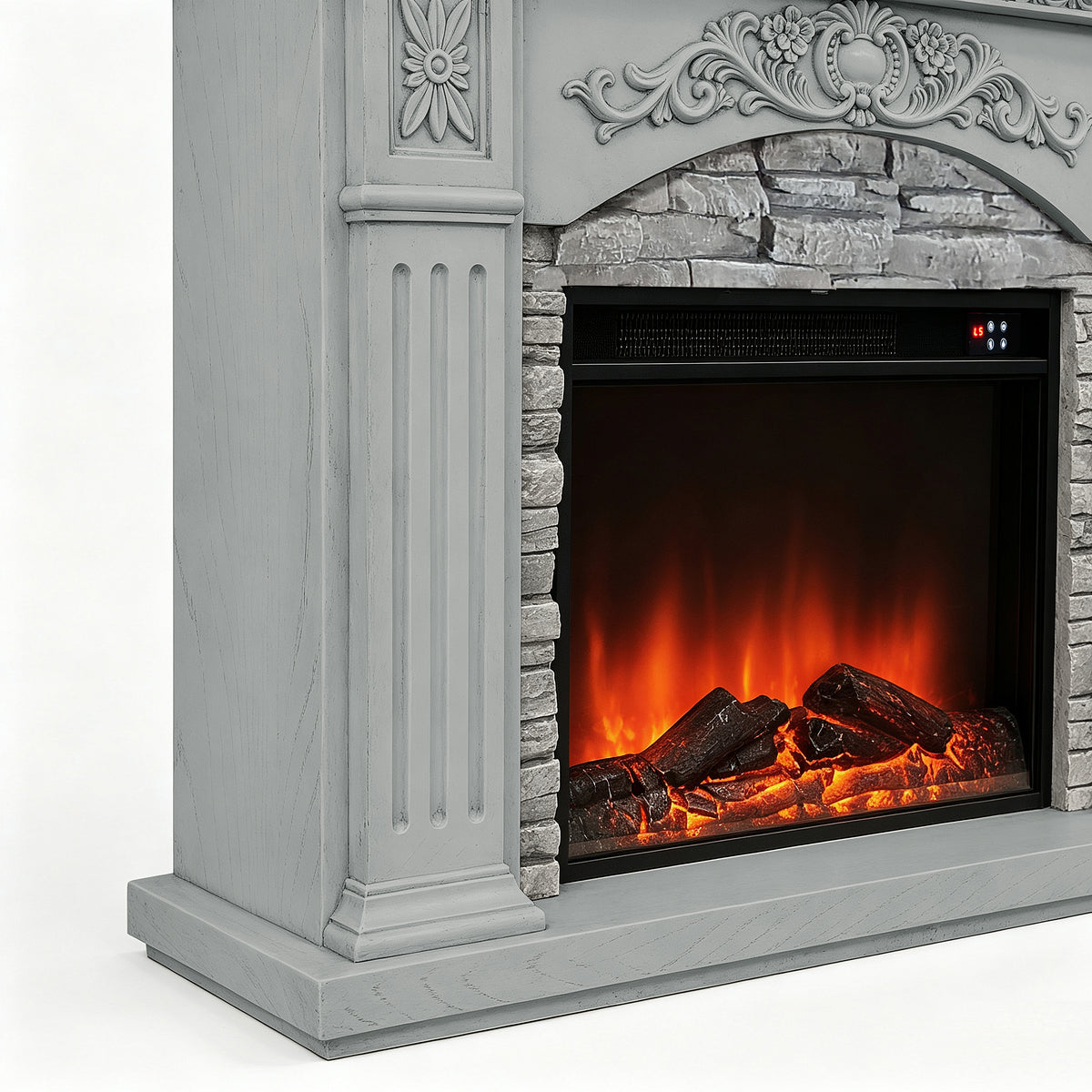 Festivo FFP26233 42.32" Vintage Carved-Look MGO Electric Fireplace Mantel with 23" Insert, Realistic Log & Flame Effect, Remote Control & Timer, Grey