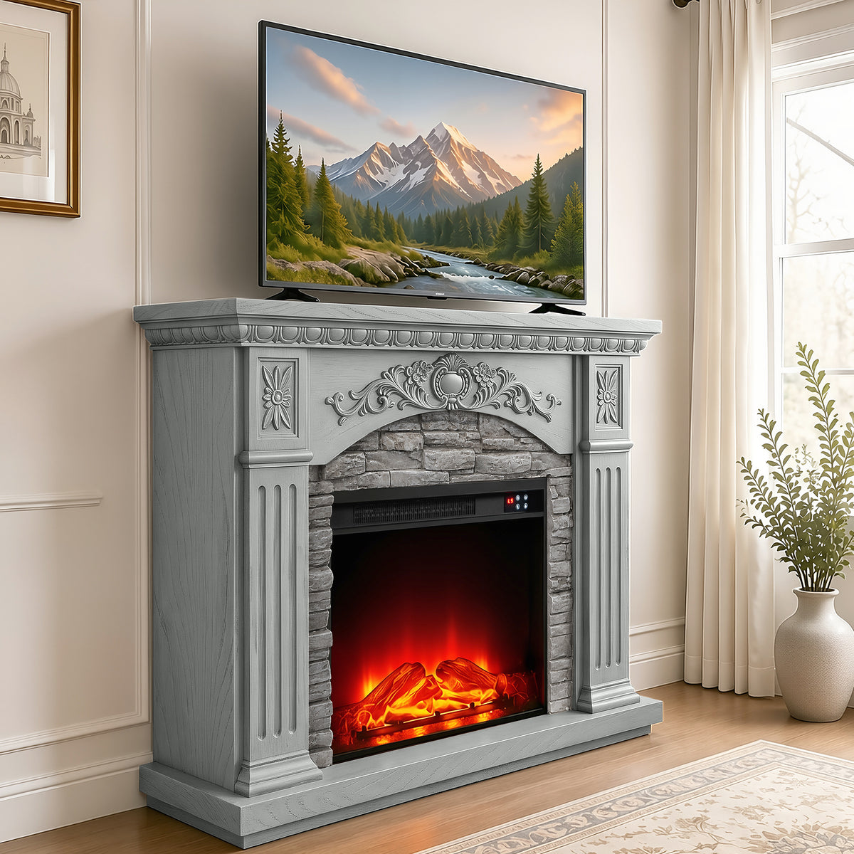 Festivo FFP26233 42.32" Vintage Carved-Look MGO Electric Fireplace Mantel with 23" Insert, Realistic Log & Flame Effect, Remote Control & Timer, Grey