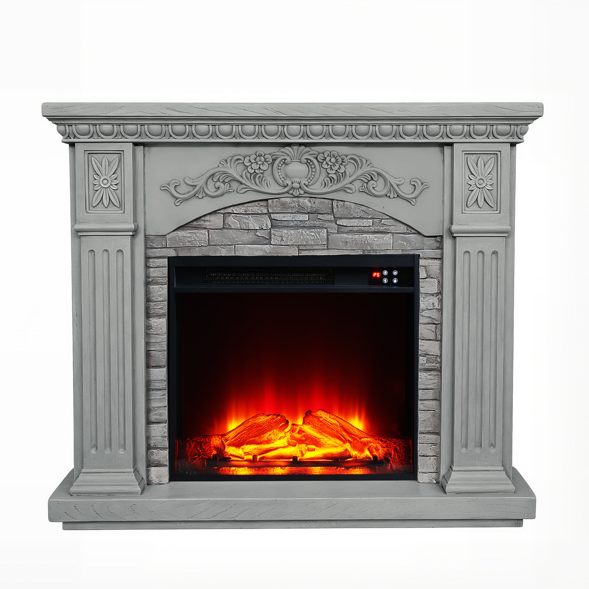 Festivo FFP26233 42.32" Vintage Carved-Look MGO Electric Fireplace Mantel with 23" Insert, Realistic Log & Flame Effect, Remote Control & Timer, Grey