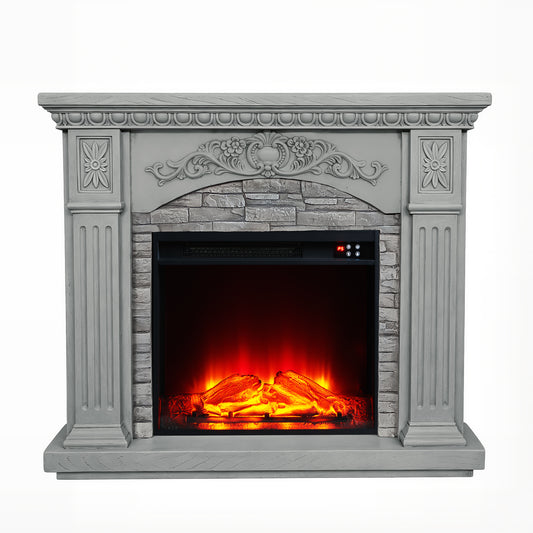 Festivo FFP26233 42.32" Vintage Carved-Look MGO Electric Fireplace Mantel with 23" Insert, Realistic Log & Flame Effect, Remote Control & Timer, Grey