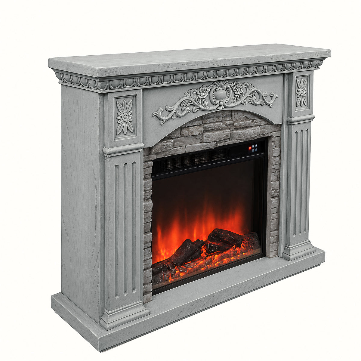 Festivo FFP26233 42.32" Vintage Carved-Look MGO Electric Fireplace Mantel with 23" Insert, Realistic Log & Flame Effect, Remote Control & Timer, Grey
