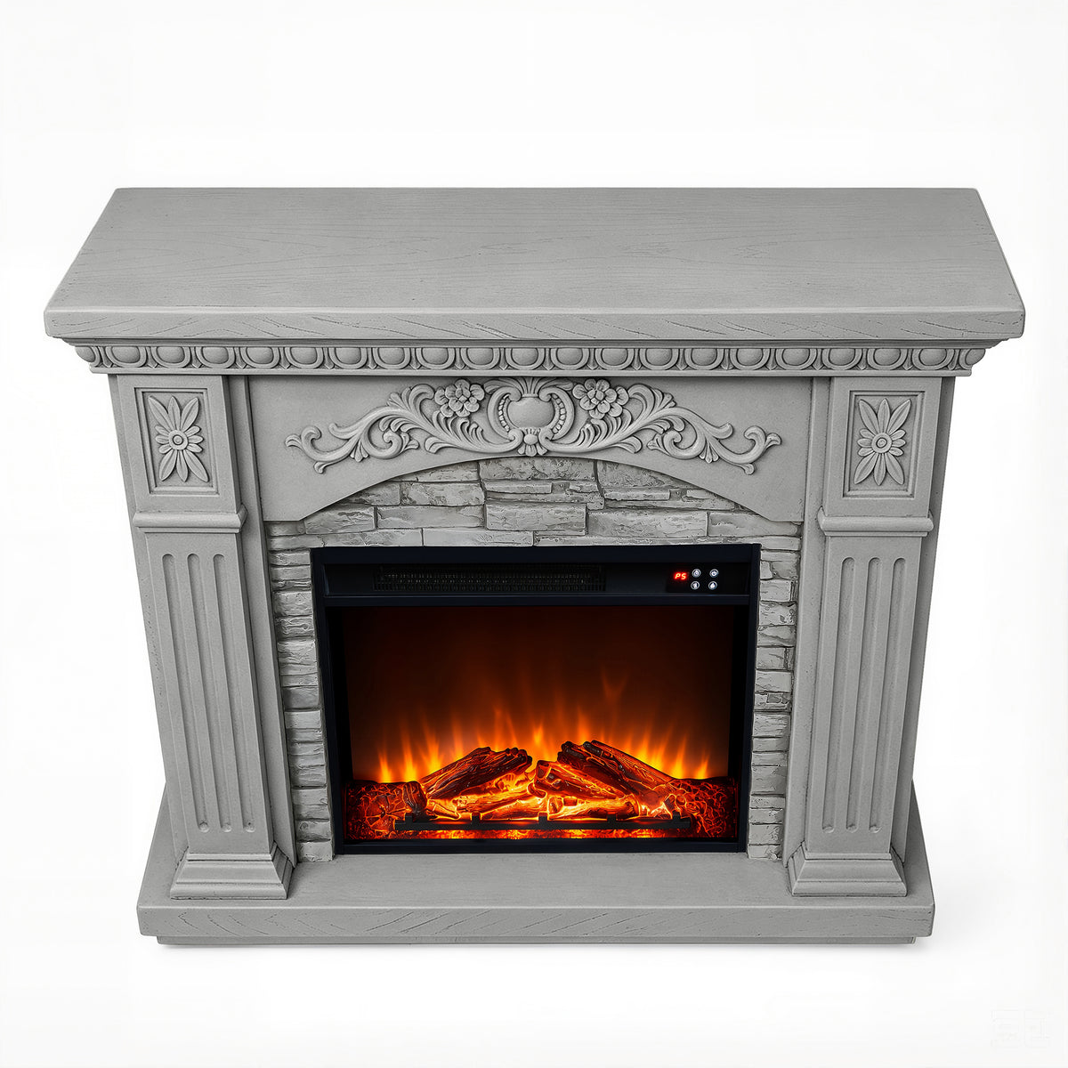Festivo FFP26233 42.32" Vintage Carved-Look MGO Electric Fireplace Mantel with 23" Insert, Realistic Log & Flame Effect, Remote Control & Timer, Grey