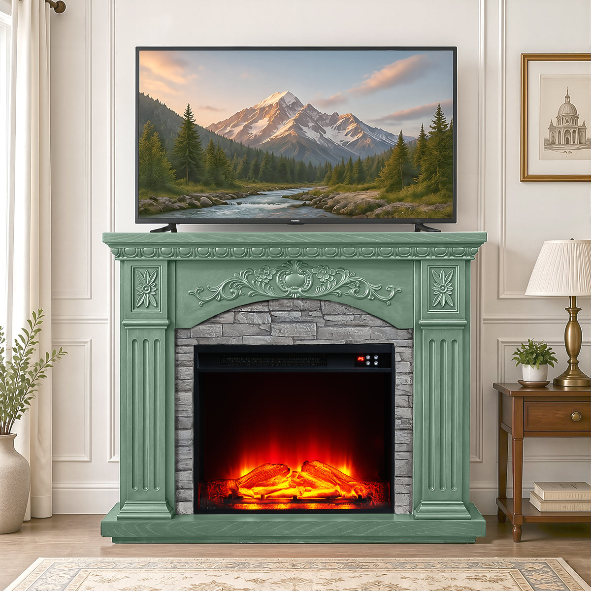 Festivo FFP26235 42.32" Vintage Carved-Look MGO Electric Fireplace Mantel with 23" Insert, Realistic Log & Flame Effect, Remote Control & Timer, Green