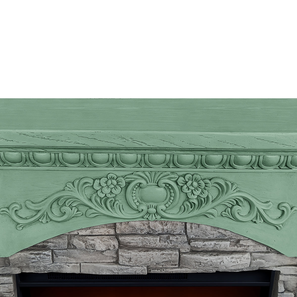 Festivo FFP26235 42.32" Vintage Carved-Look MGO Electric Fireplace Mantel with 23" Insert, Realistic Log & Flame Effect, Remote Control & Timer, Green