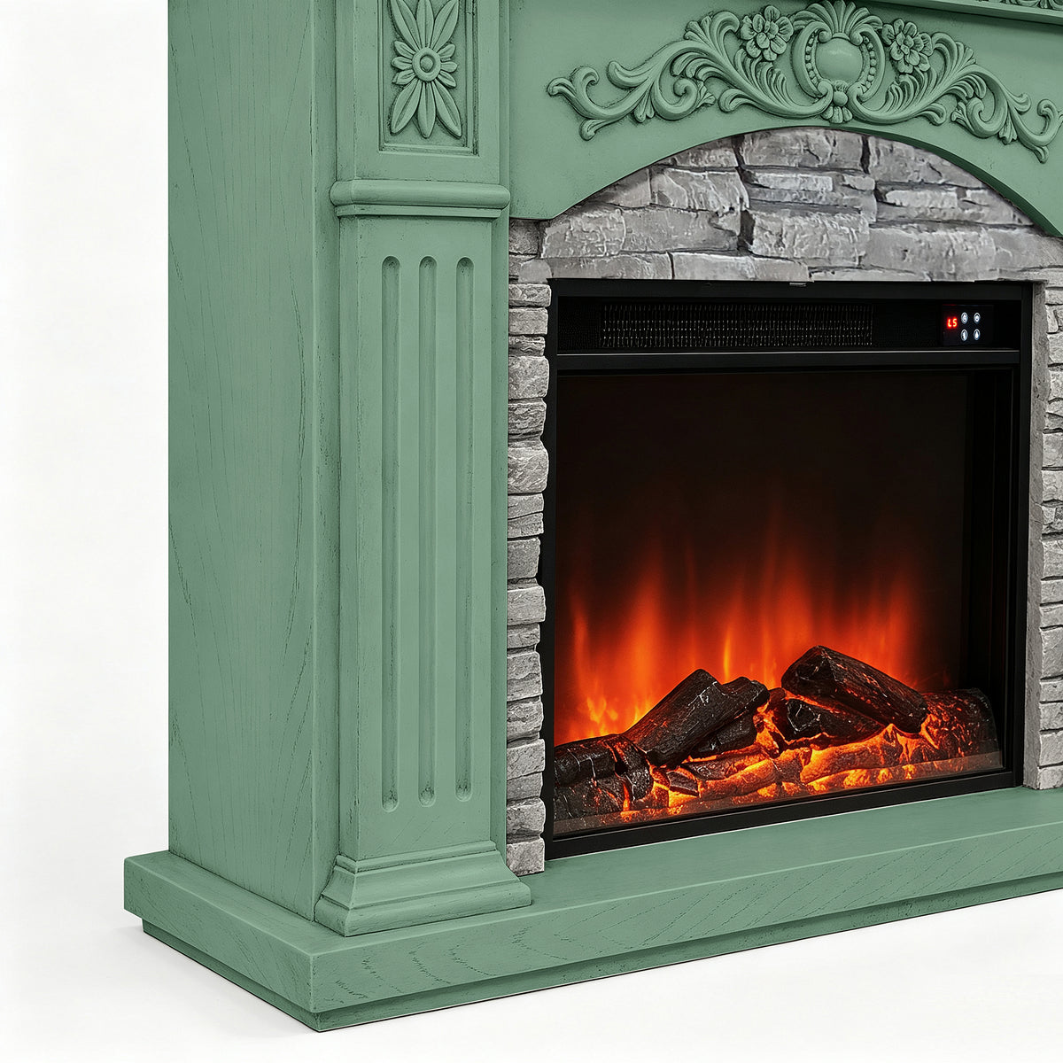 Festivo FFP26235 42.32" Vintage Carved-Look MGO Electric Fireplace Mantel with 23" Insert, Realistic Log & Flame Effect, Remote Control & Timer, Green