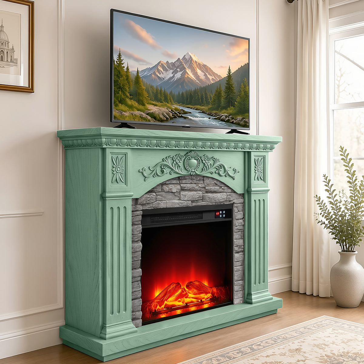 Festivo FFP26235 42.32" Vintage Carved-Look MGO Electric Fireplace Mantel with 23" Insert, Realistic Log & Flame Effect, Remote Control & Timer, Green