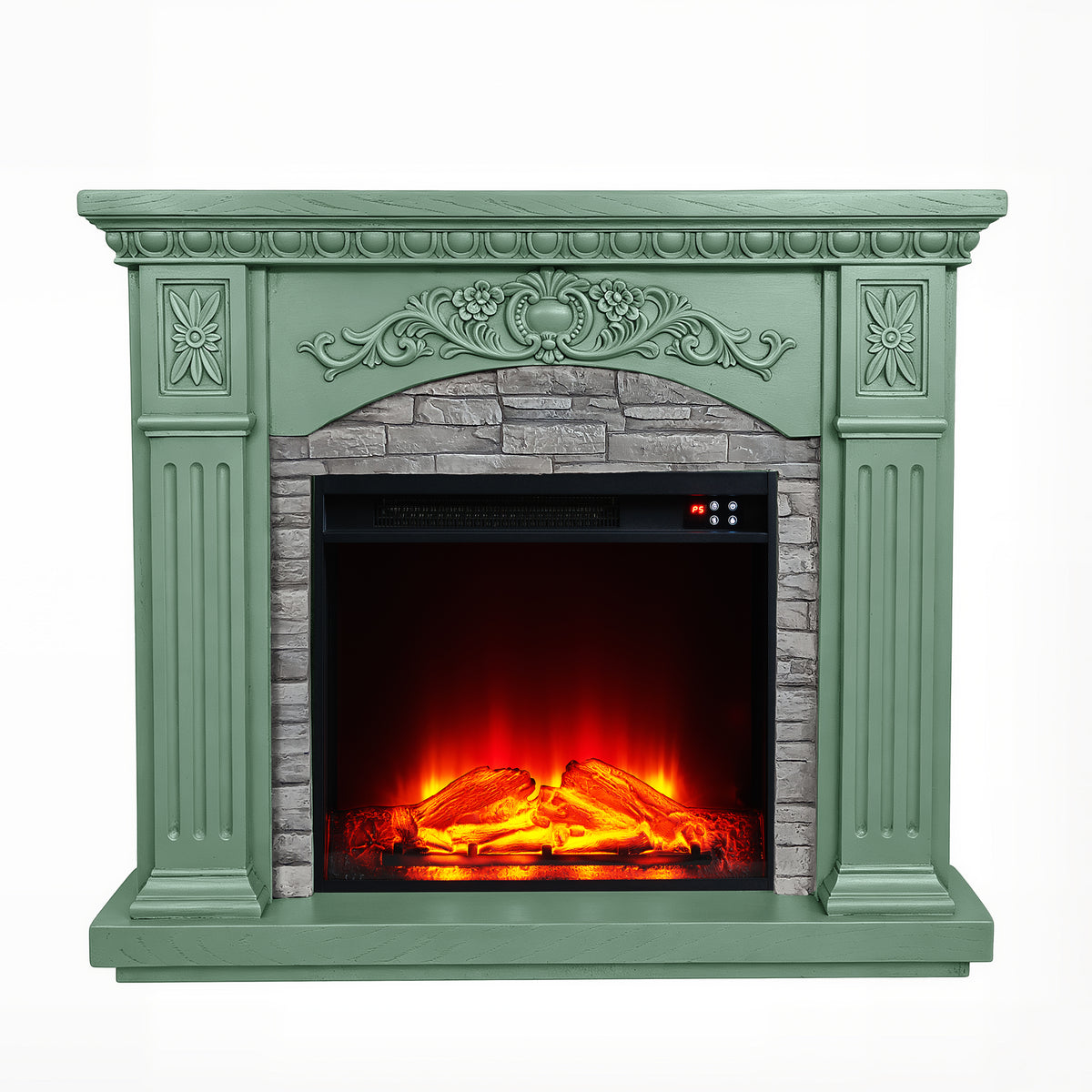 Festivo FFP26235 42.32" Vintage Carved-Look MGO Electric Fireplace Mantel with 23" Insert, Realistic Log & Flame Effect, Remote Control & Timer, Green