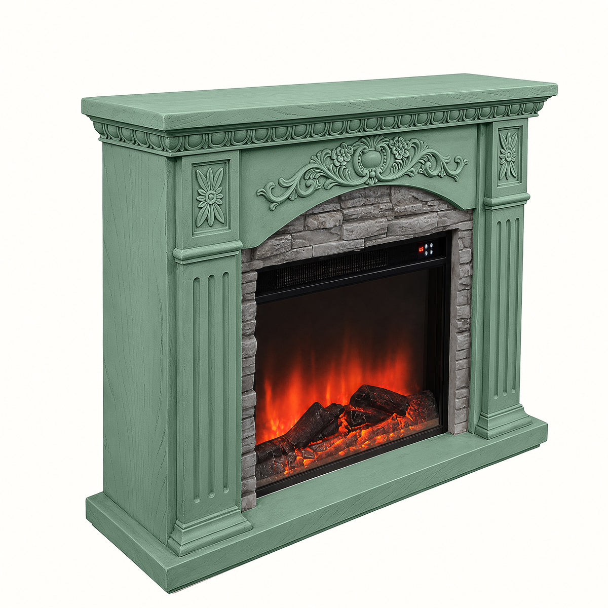 Festivo FFP26235 42.32" Vintage Carved-Look MGO Electric Fireplace Mantel with 23" Insert, Realistic Log & Flame Effect, Remote Control & Timer, Green