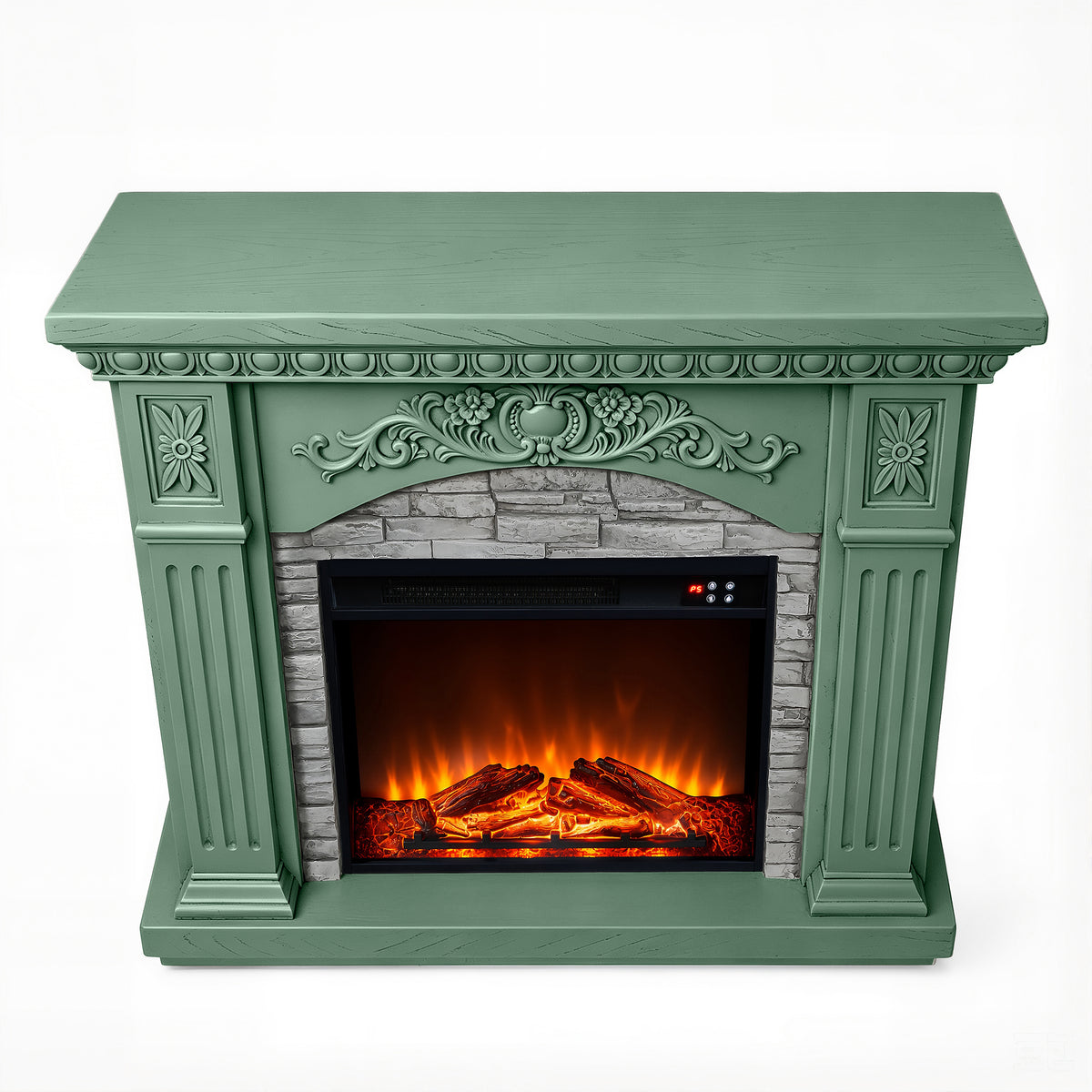 Festivo FFP26235 42.32" Vintage Carved-Look MGO Electric Fireplace Mantel with 23" Insert, Realistic Log & Flame Effect, Remote Control & Timer, Green