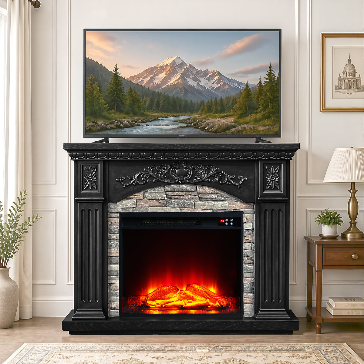 Festivo FFP26236 42.32" Vintage Carved-Look MGO Electric Fireplace Mantel with 23" Insert, Realistic Log & Flame Effect, Remote Control & Timer, Black