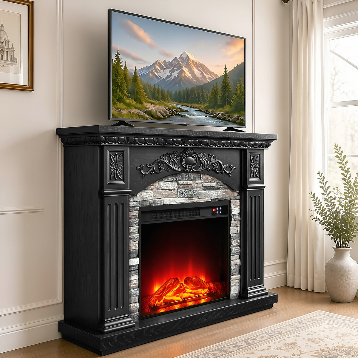 Festivo FFP26236 42.32" Vintage Carved-Look MGO Electric Fireplace Mantel with 23" Insert, Realistic Log & Flame Effect, Remote Control & Timer, Black