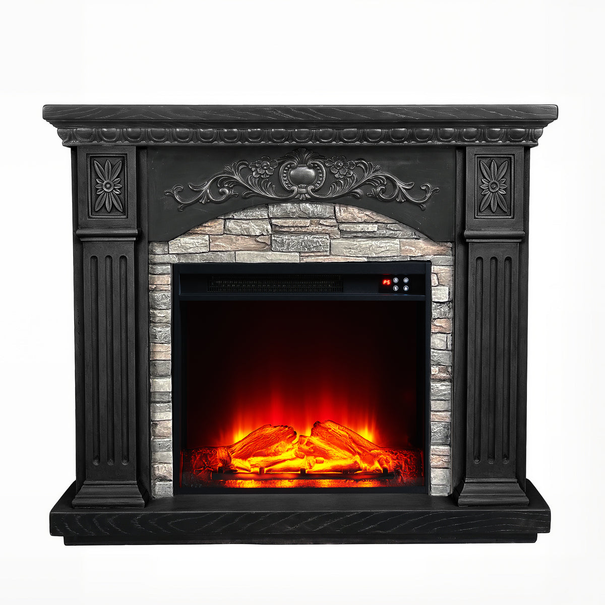 Festivo FFP26236 42.32" Vintage Carved-Look MGO Electric Fireplace Mantel with 23" Insert, Realistic Log & Flame Effect, Remote Control & Timer, Black