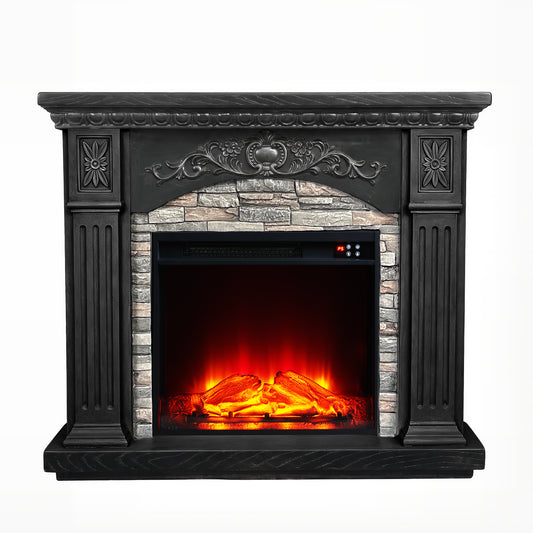 Festivo FFP26236 42.32" Vintage Carved-Look MGO Electric Fireplace Mantel with 23" Insert, Realistic Log & Flame Effect, Remote Control & Timer, Black