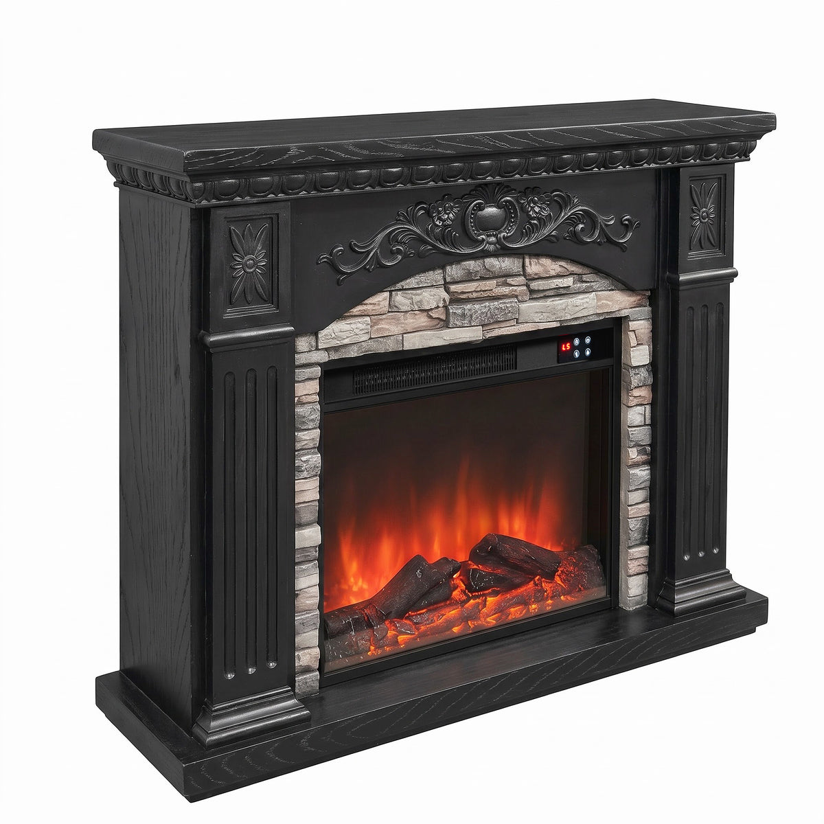 Festivo FFP26236 42.32" Vintage Carved-Look MGO Electric Fireplace Mantel with 23" Insert, Realistic Log & Flame Effect, Remote Control & Timer, Black