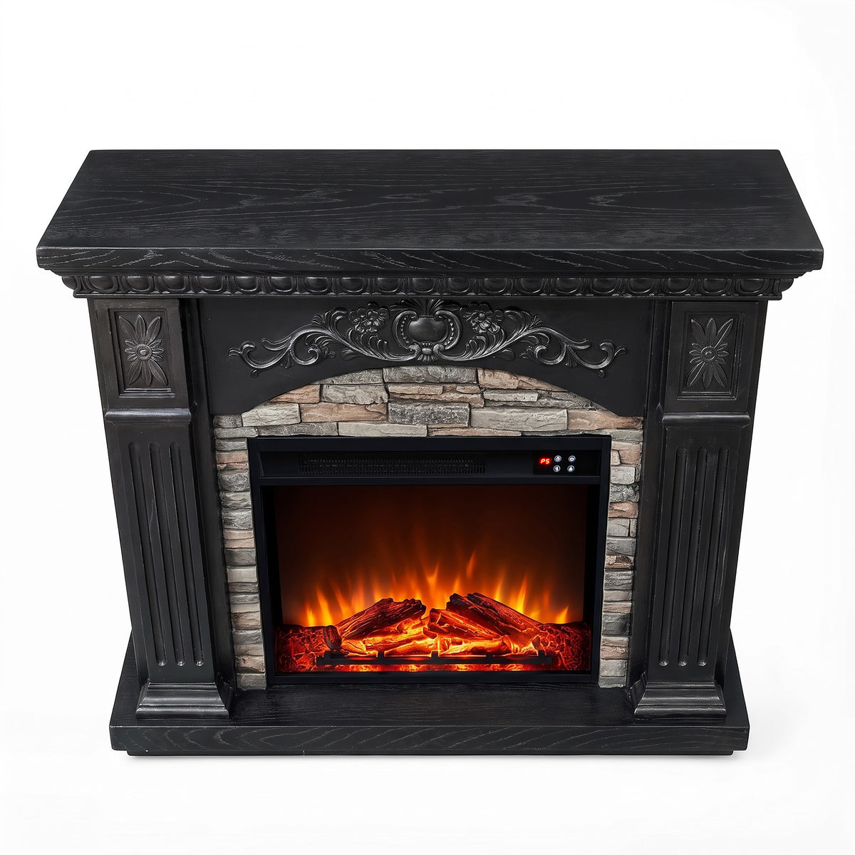 Festivo FFP26236 42.32" Vintage Carved-Look MGO Electric Fireplace Mantel with 23" Insert, Realistic Log & Flame Effect, Remote Control & Timer, Black