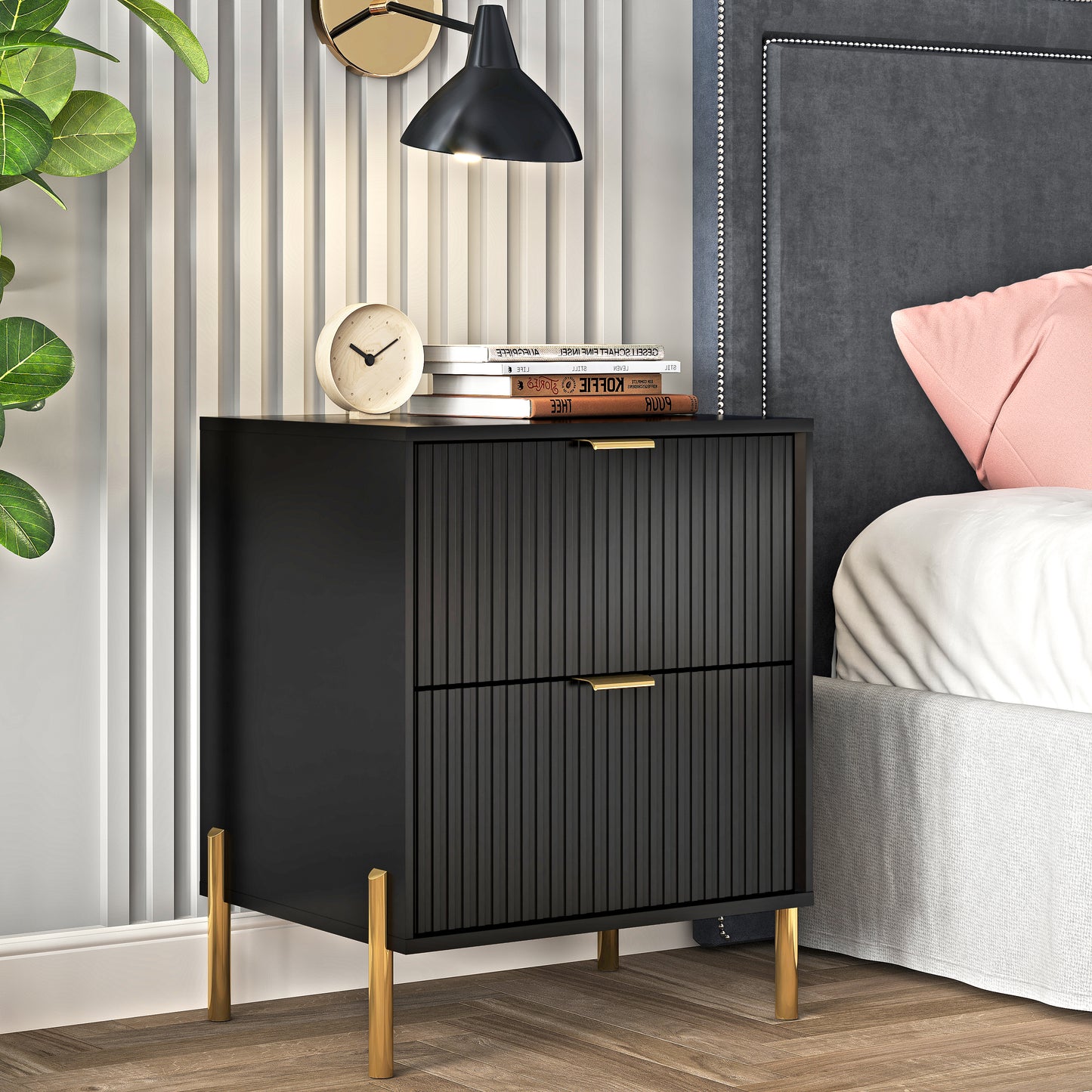 Festivo FNS23111 20.5" Bedroom Nightstands with 2 Drawers-Black
