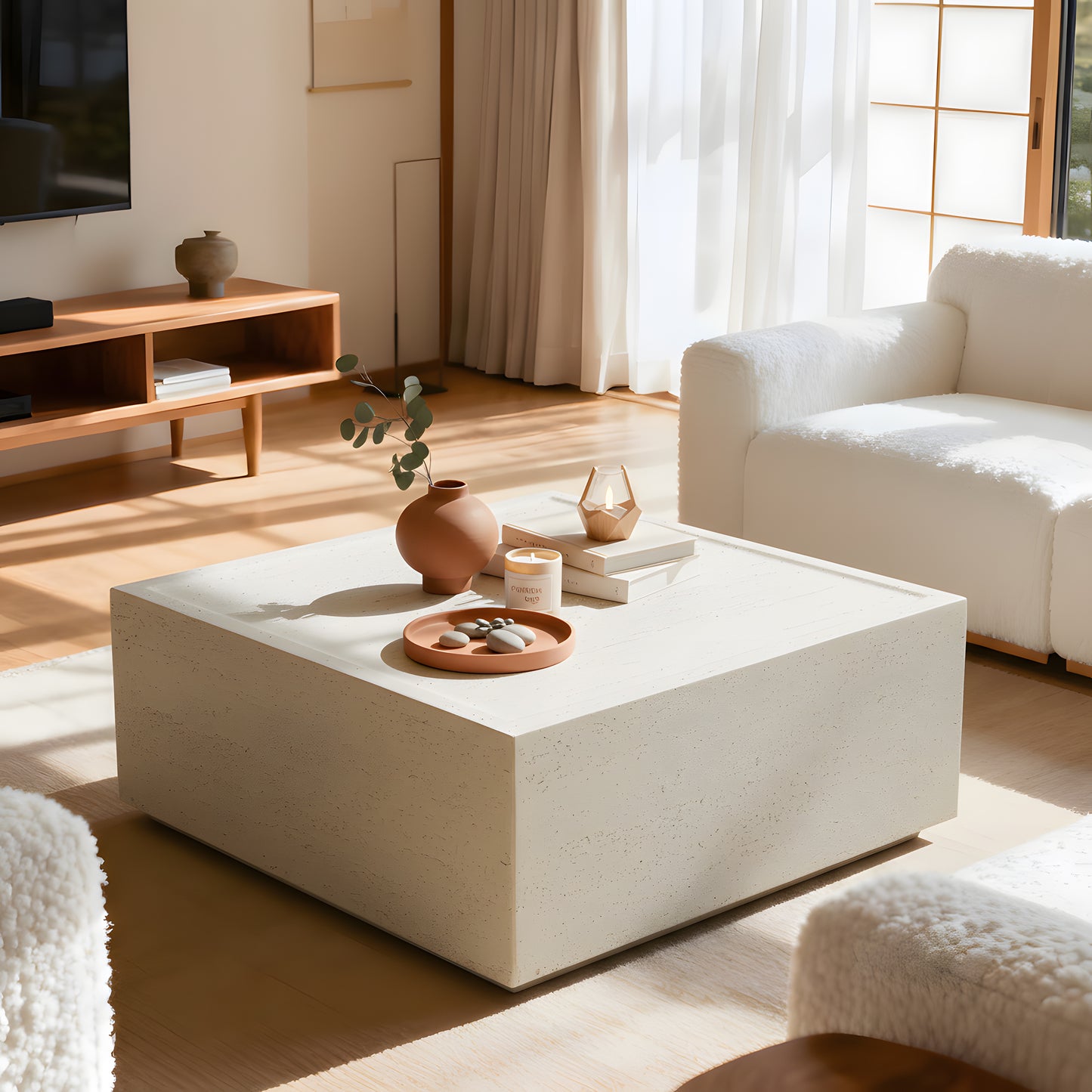 Festivo FST25121 28" Square MGO Coffee Table with a Natural Stone-Look Finish-Ivory Travertine